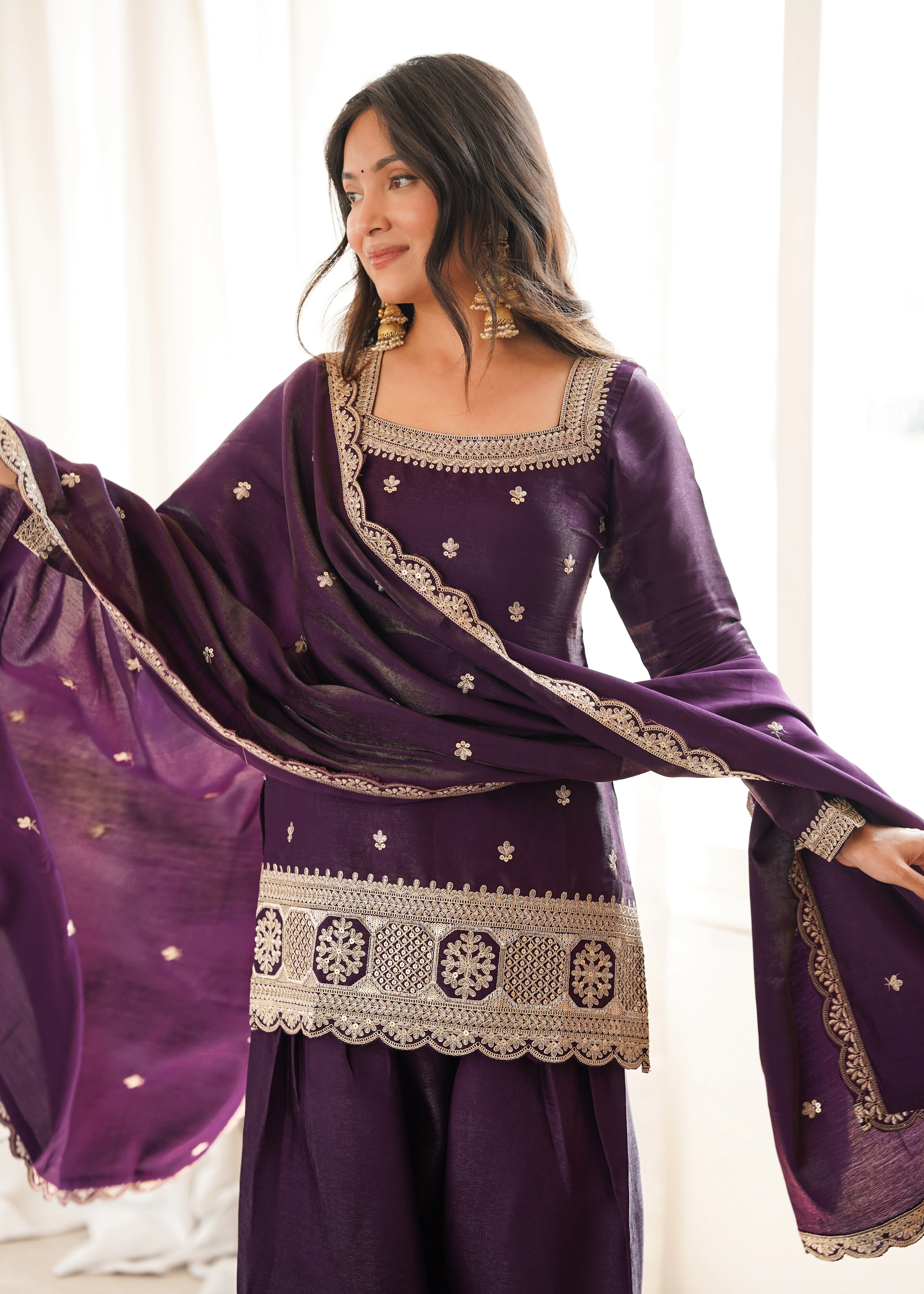 Luxury Purple Glass Roman Silk Front Yoke Embroidered Farshi Shalwar Collection - Image 5