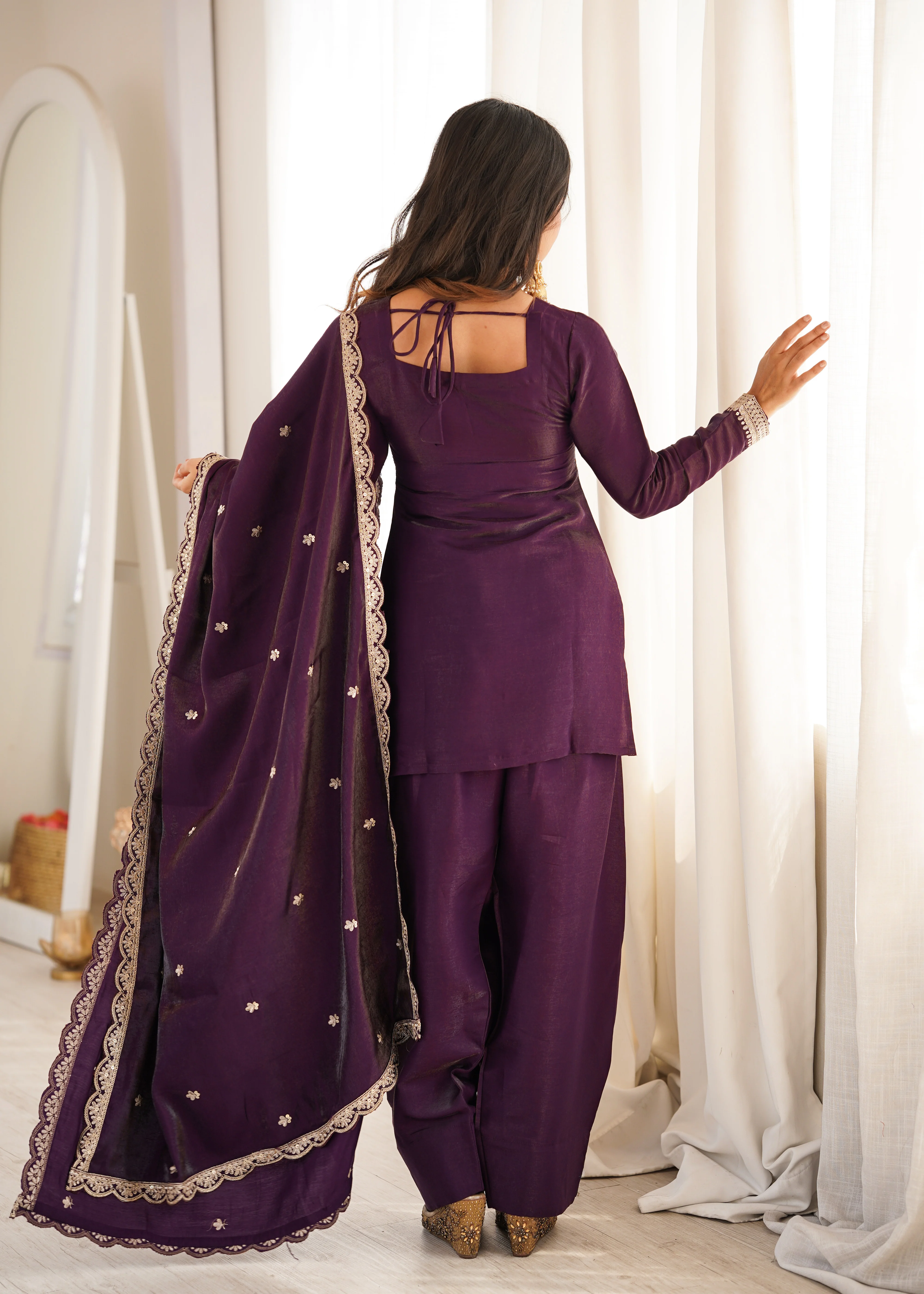 Luxury Purple Glass Roman Silk Front Yoke Embroidered Farshi Shalwar Collection - Image 6