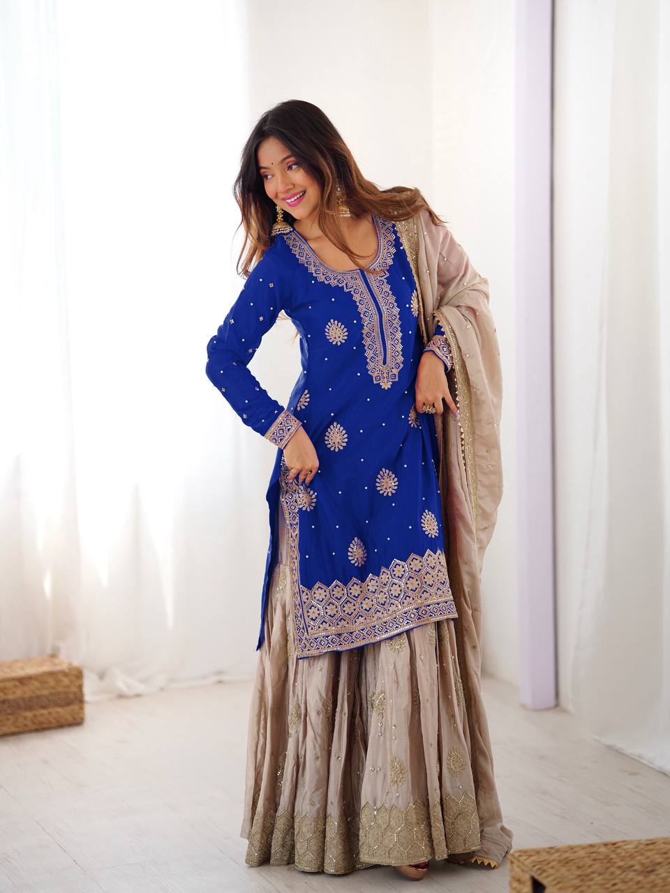 Luxury Royal Blue Chinon Silk Sharara Set for Festive Celebrations - Image 3