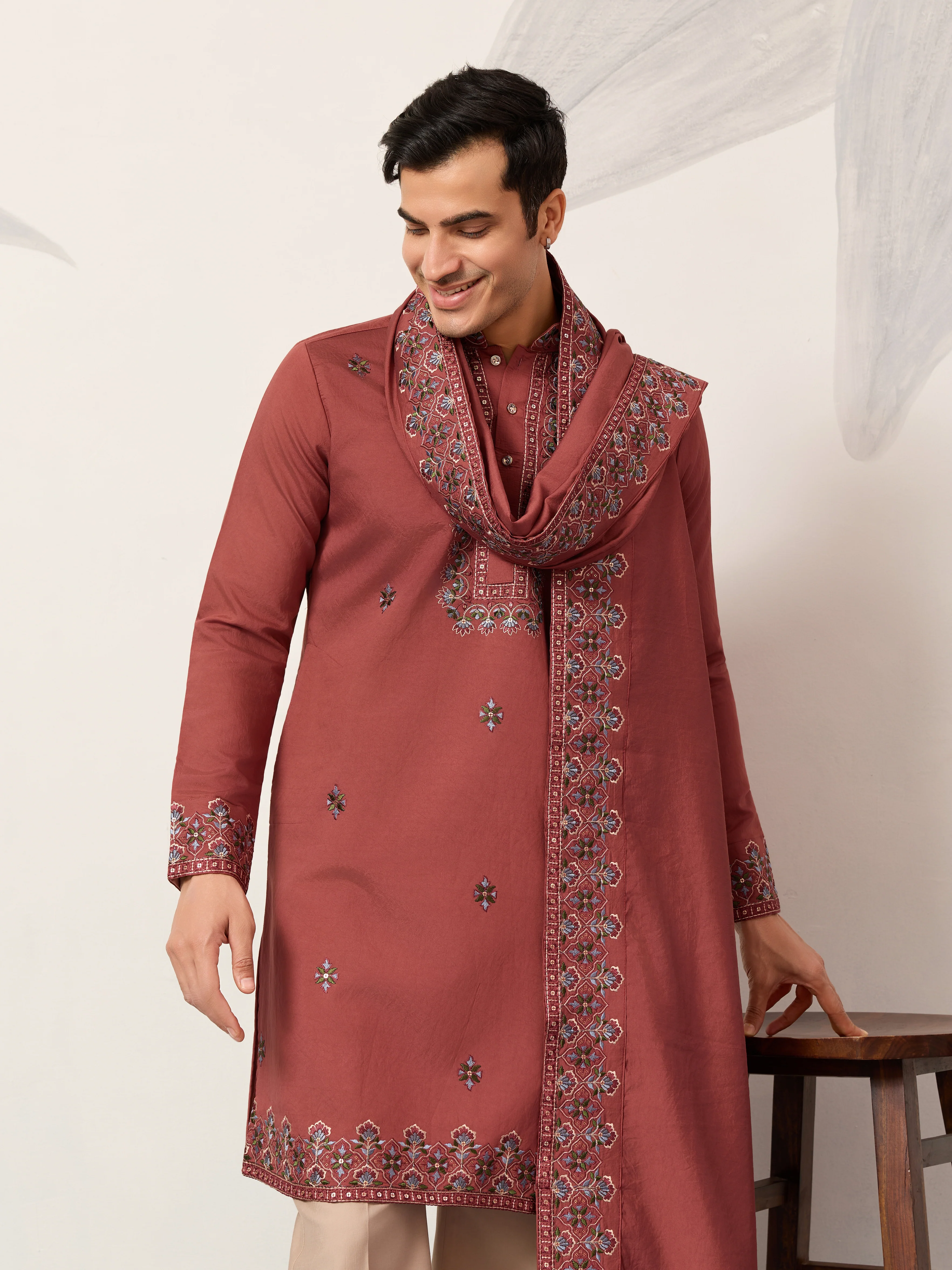 Luxury Royal Look Orange Kurta with Dupatta for Mens Collection - Image 2