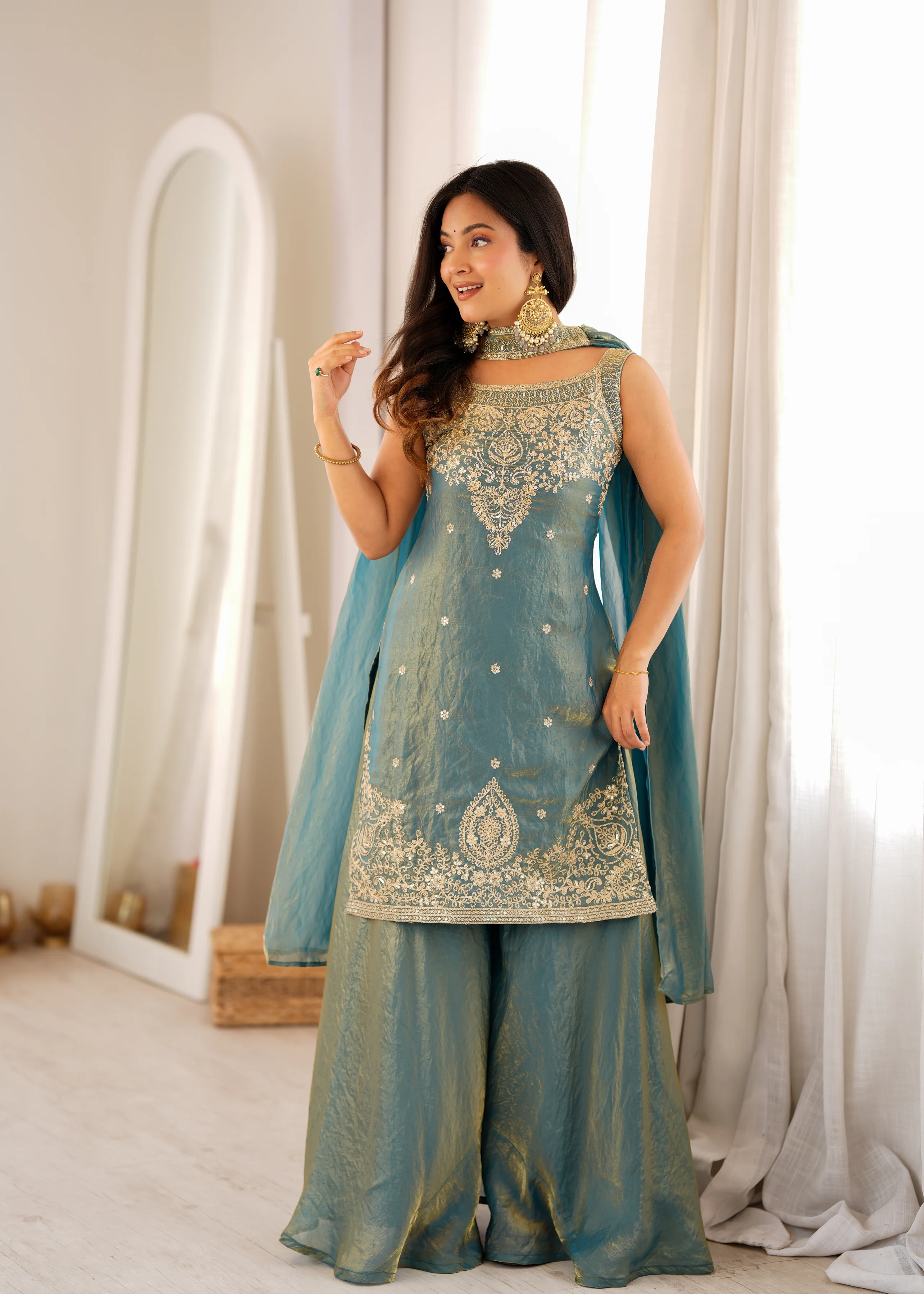 Luxury Sea Greeen Fendi Silk Embroidery Kurti Sharara Set with Dupatta