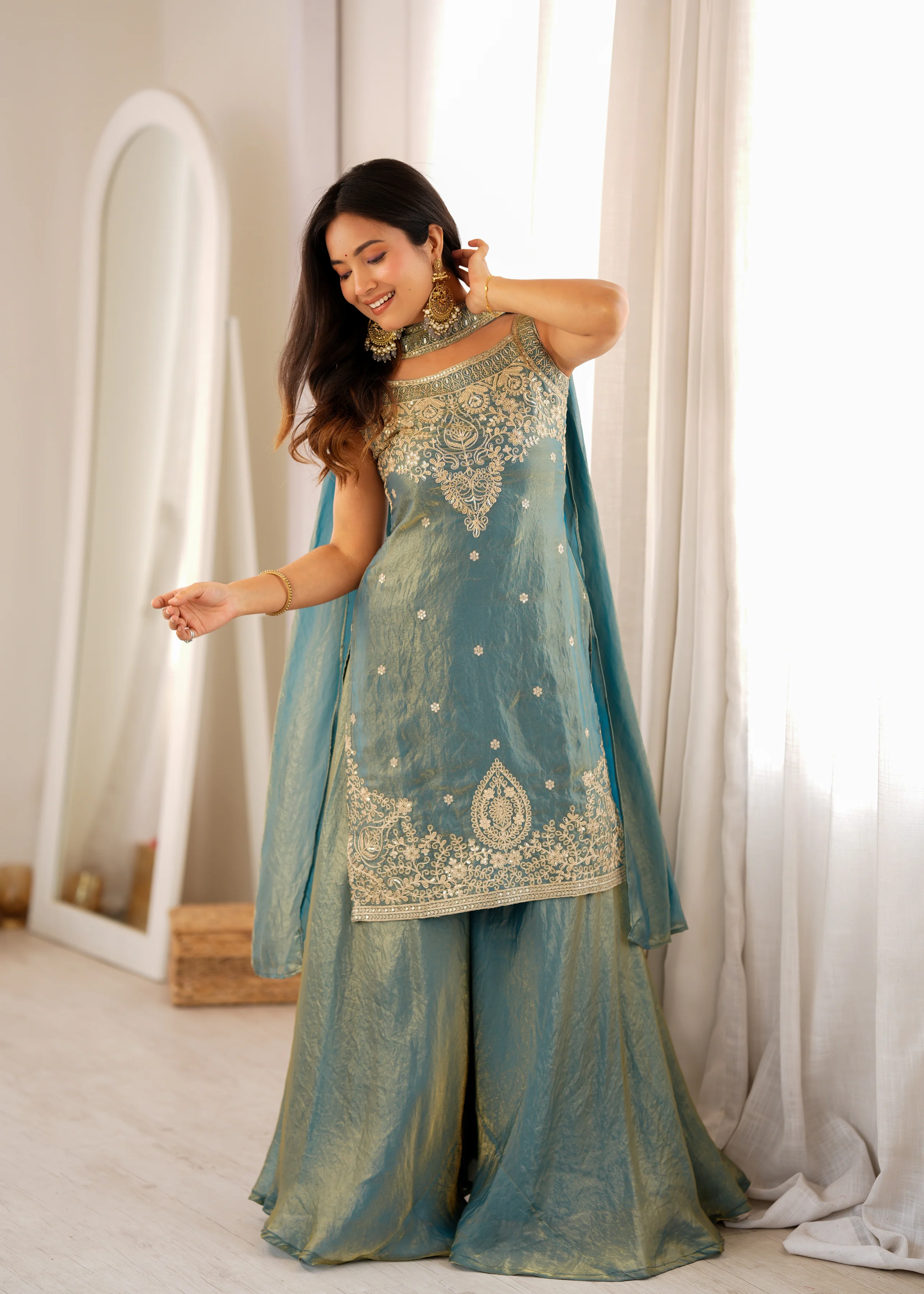 Luxury Sea Greeen Fendi Silk Embroidery Kurti Sharara Set with Dupatta - Image 2