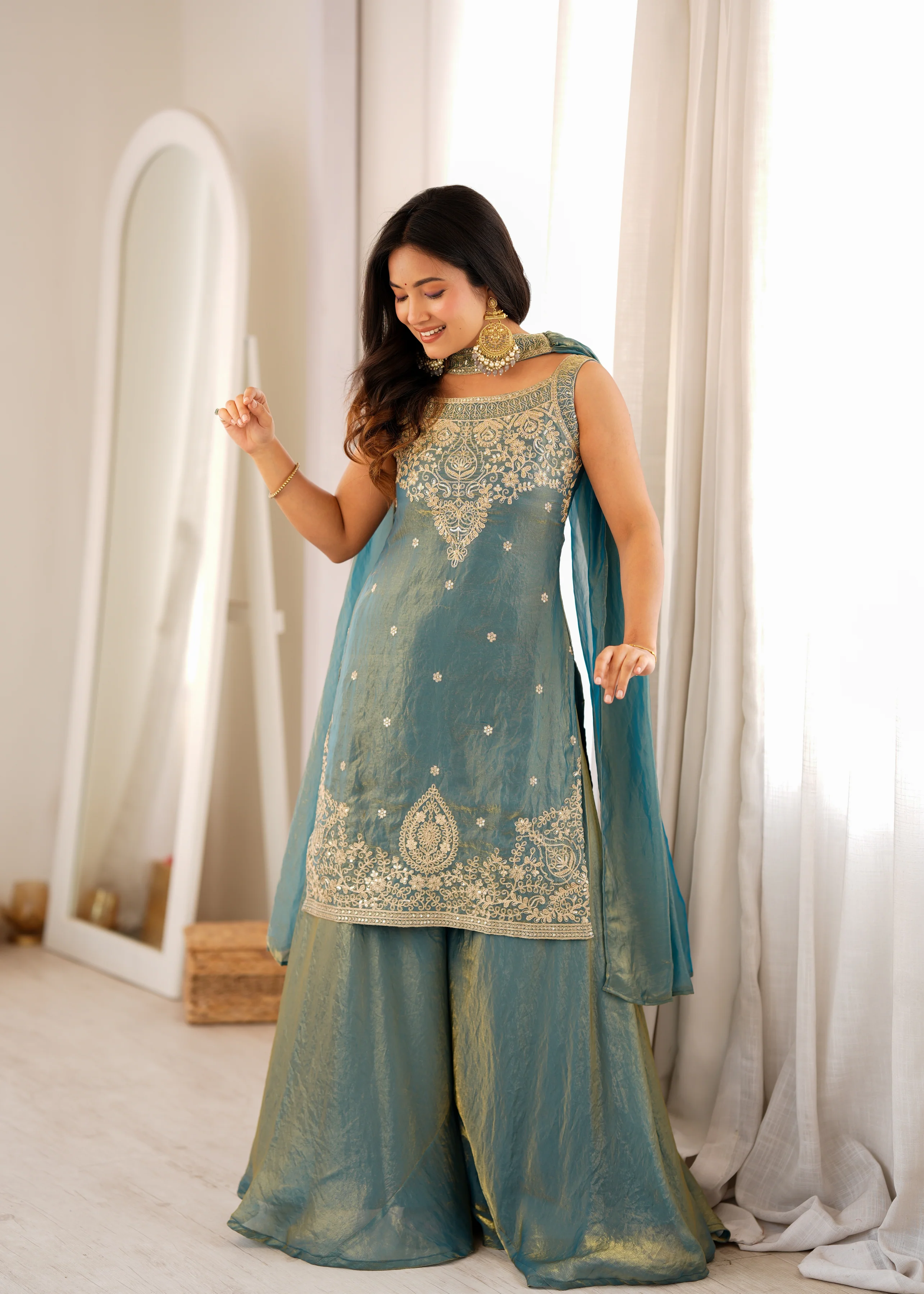 Luxury Sea Greeen Fendi Silk Embroidery Kurti Sharara Set with Dupatta - Image 3