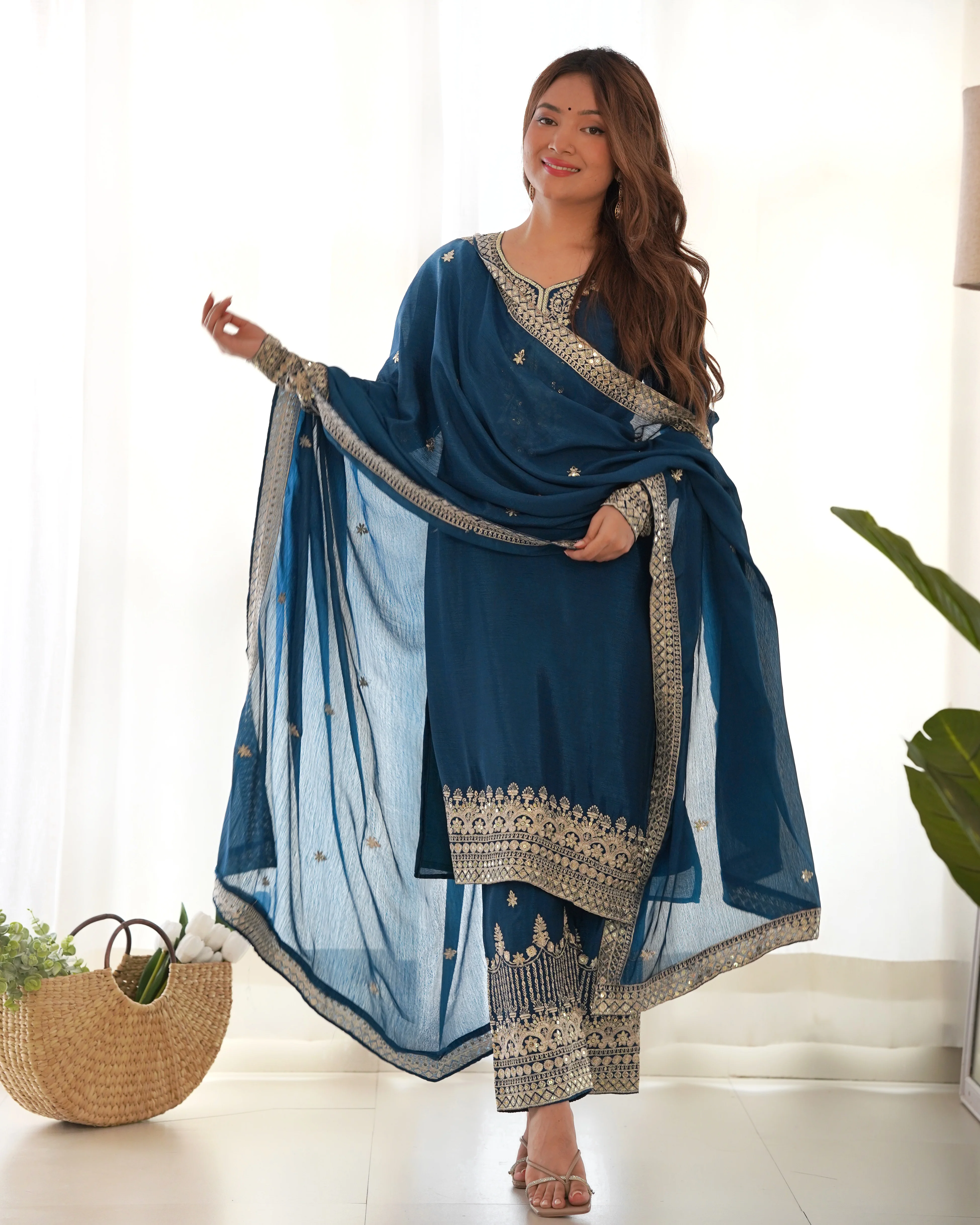 Luxury Teal Blue Pure Chinon Silk Embroidery Sequence Work Suit Full Set - Image 2