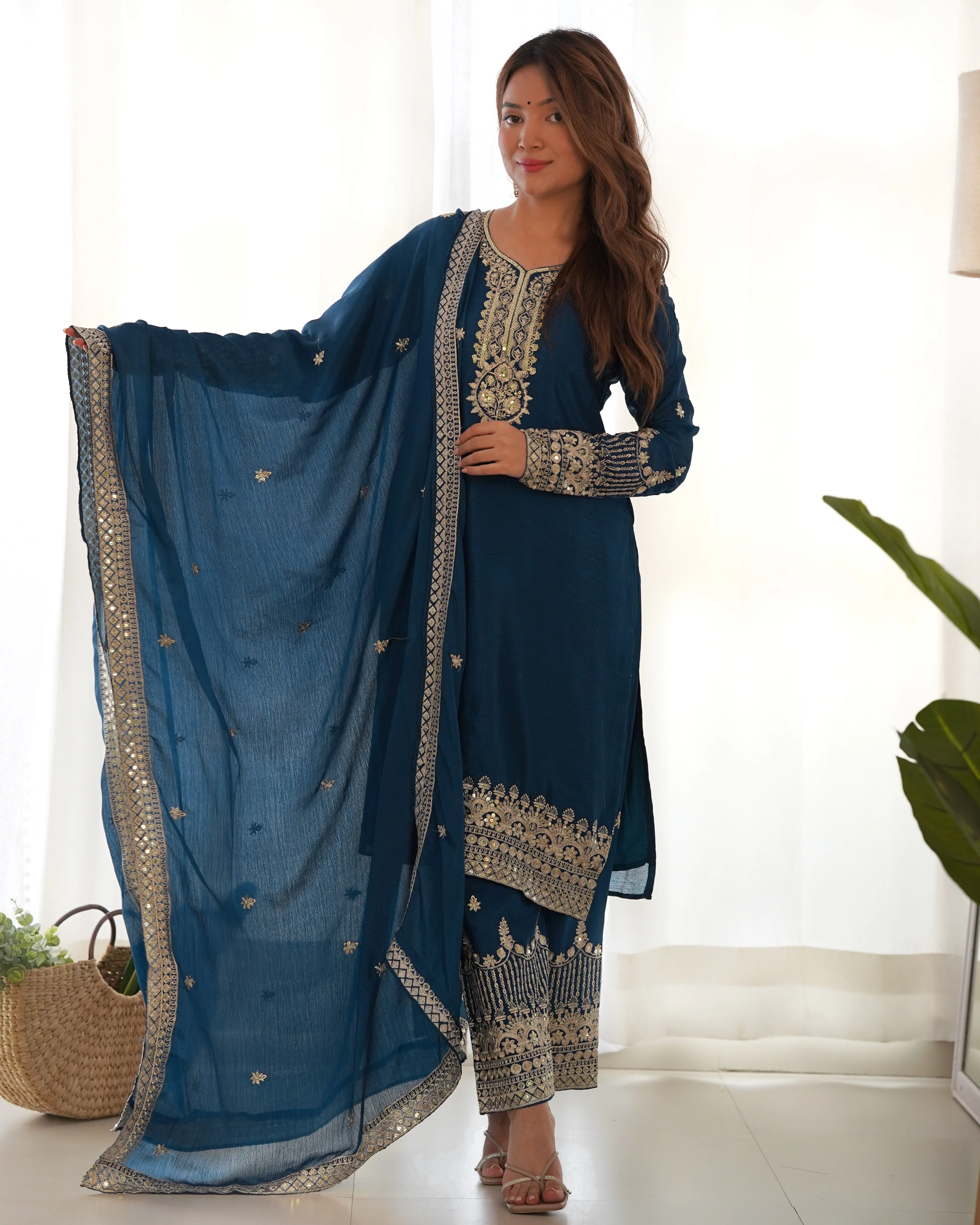 Luxury Teal Blue Pure Chinon Silk Embroidery Sequence Work Suit Full Set - Image 3