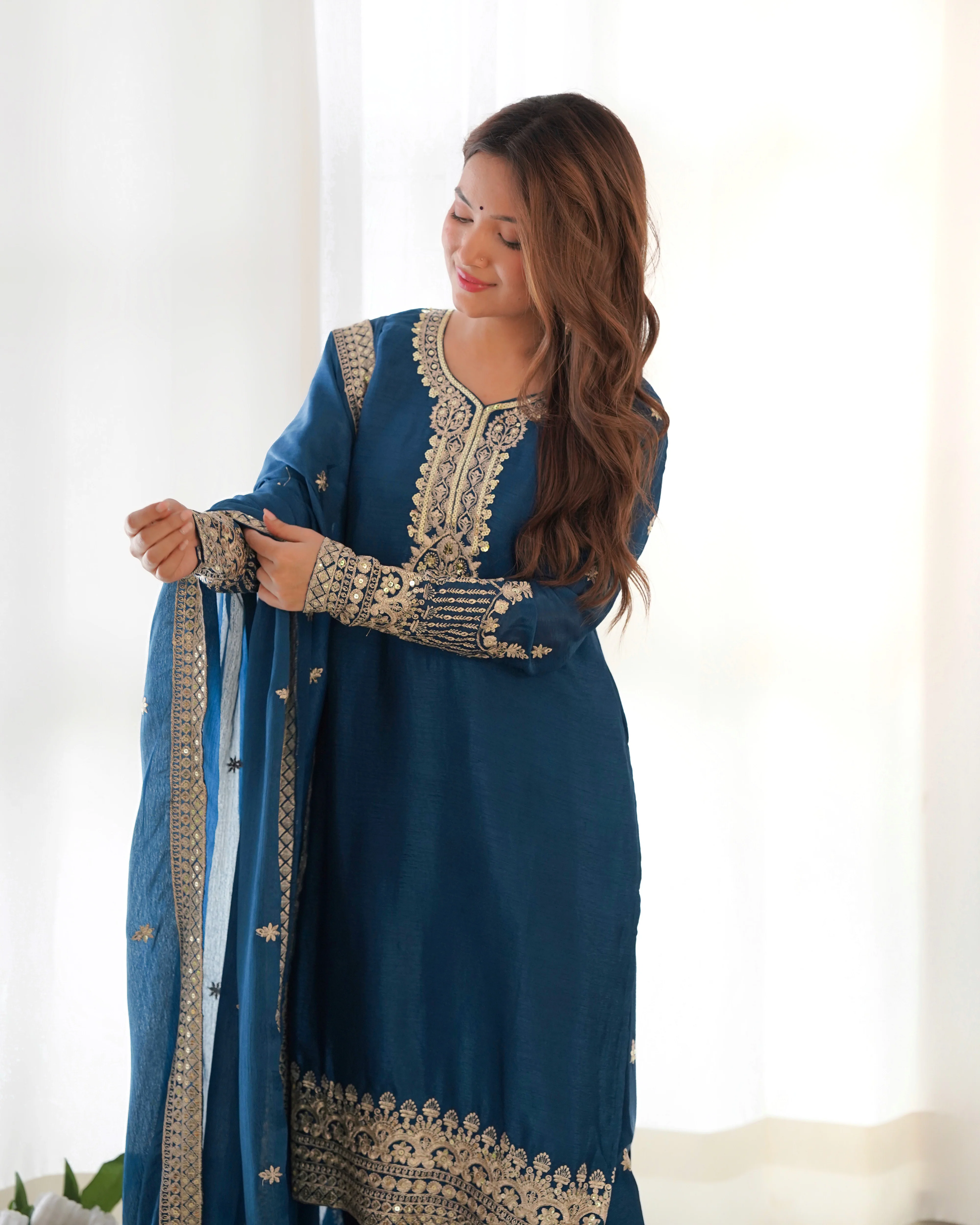 Luxury Teal Blue Pure Chinon Silk Embroidery Sequence Work Suit Full Set - Image 4