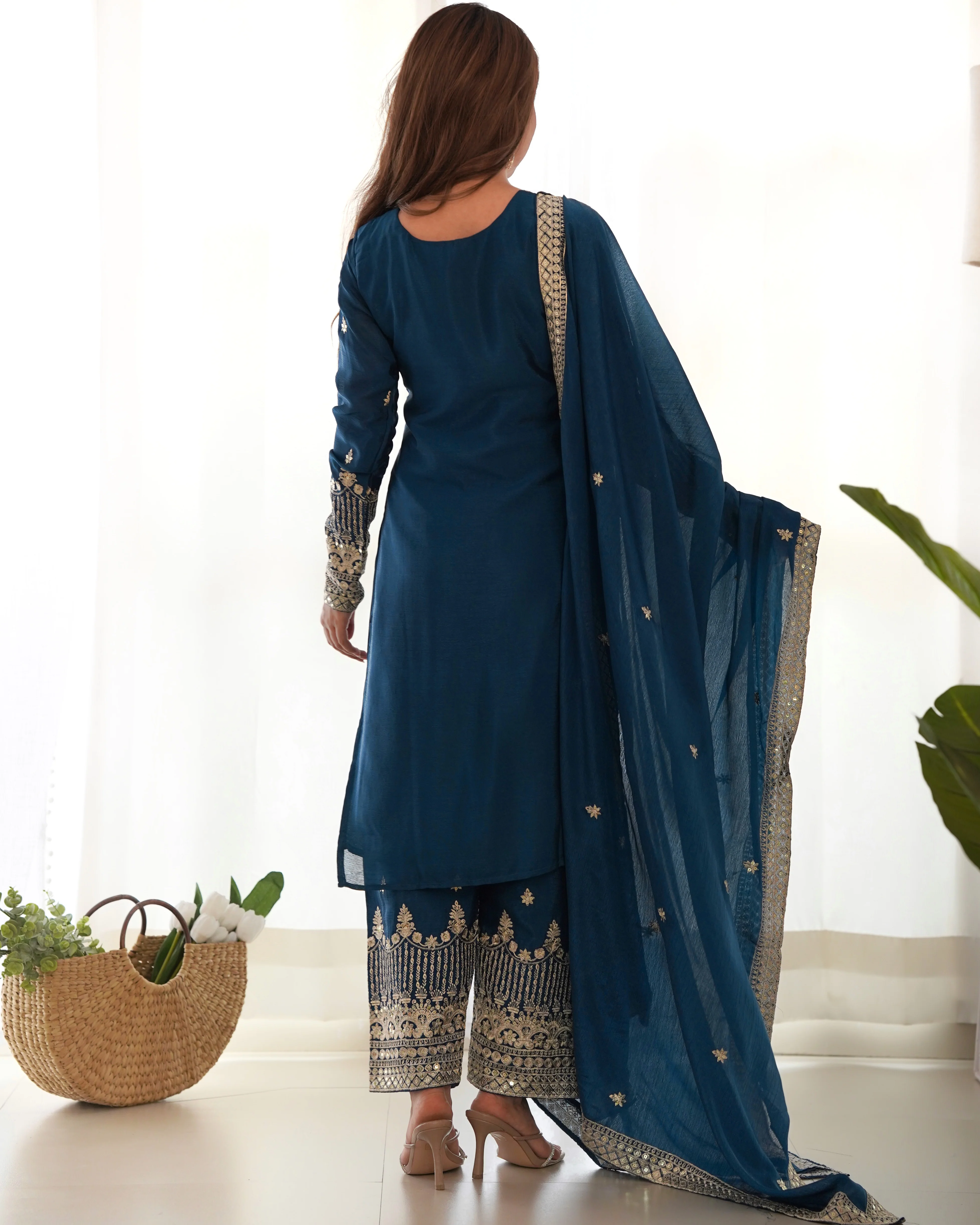 Luxury Teal Blue Pure Chinon Silk Embroidery Sequence Work Suit Full Set - Image 5
