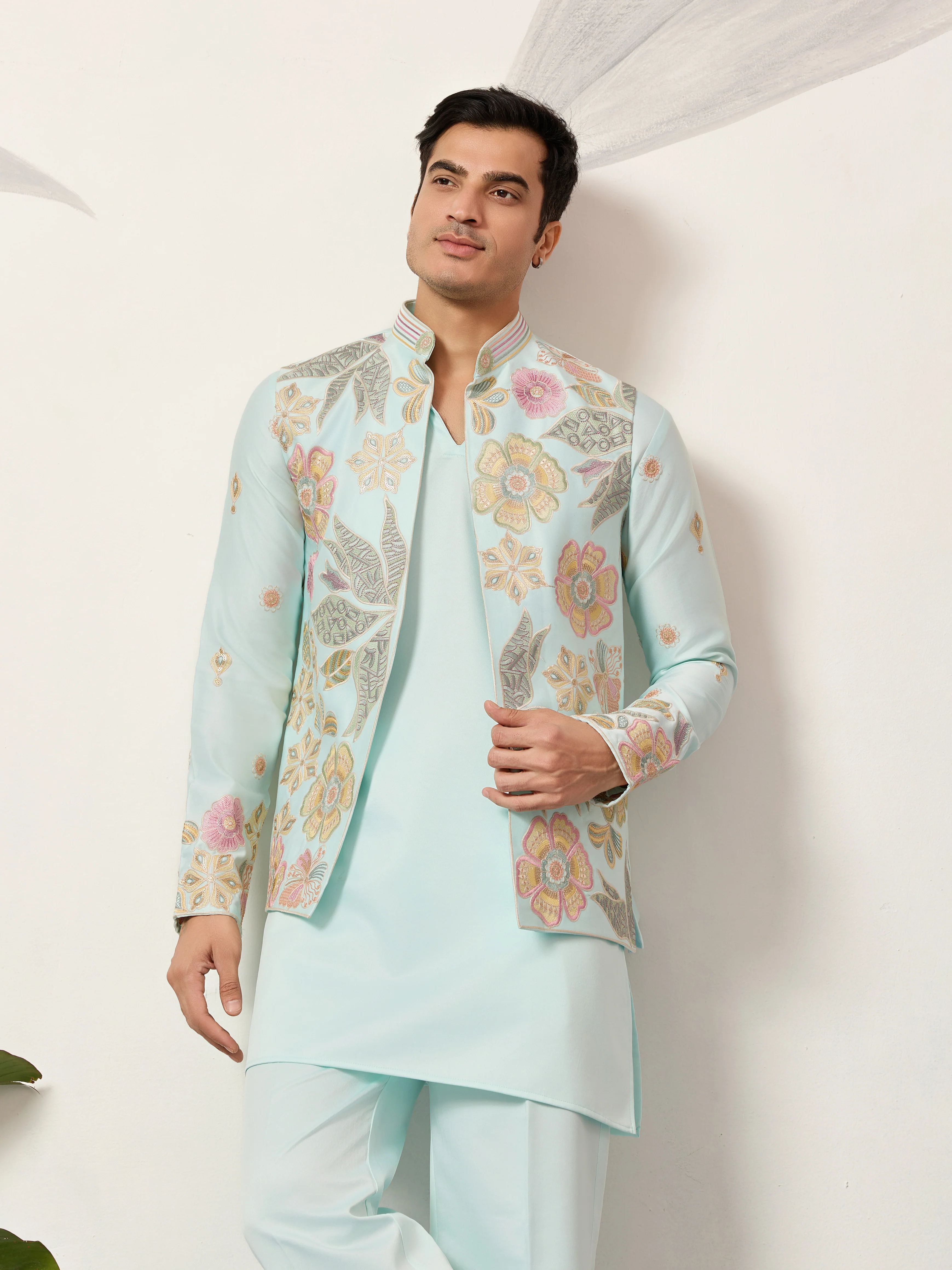 Luxury Wedding & Carnival Wear Pista Green Koti Kurta for Men - Image 2