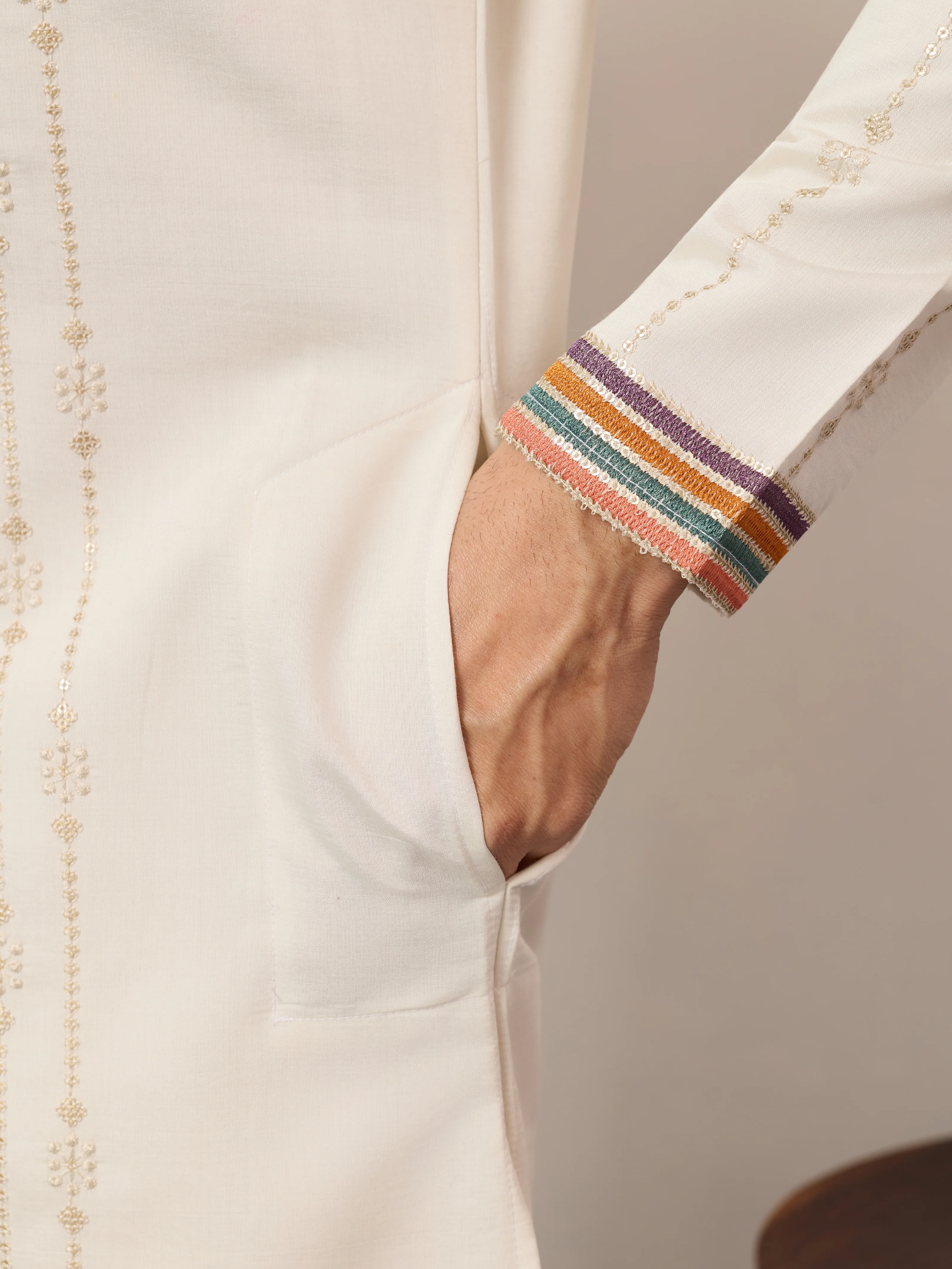 Luxury White V Neck Kurta Pant for Festive Wear - Image 3