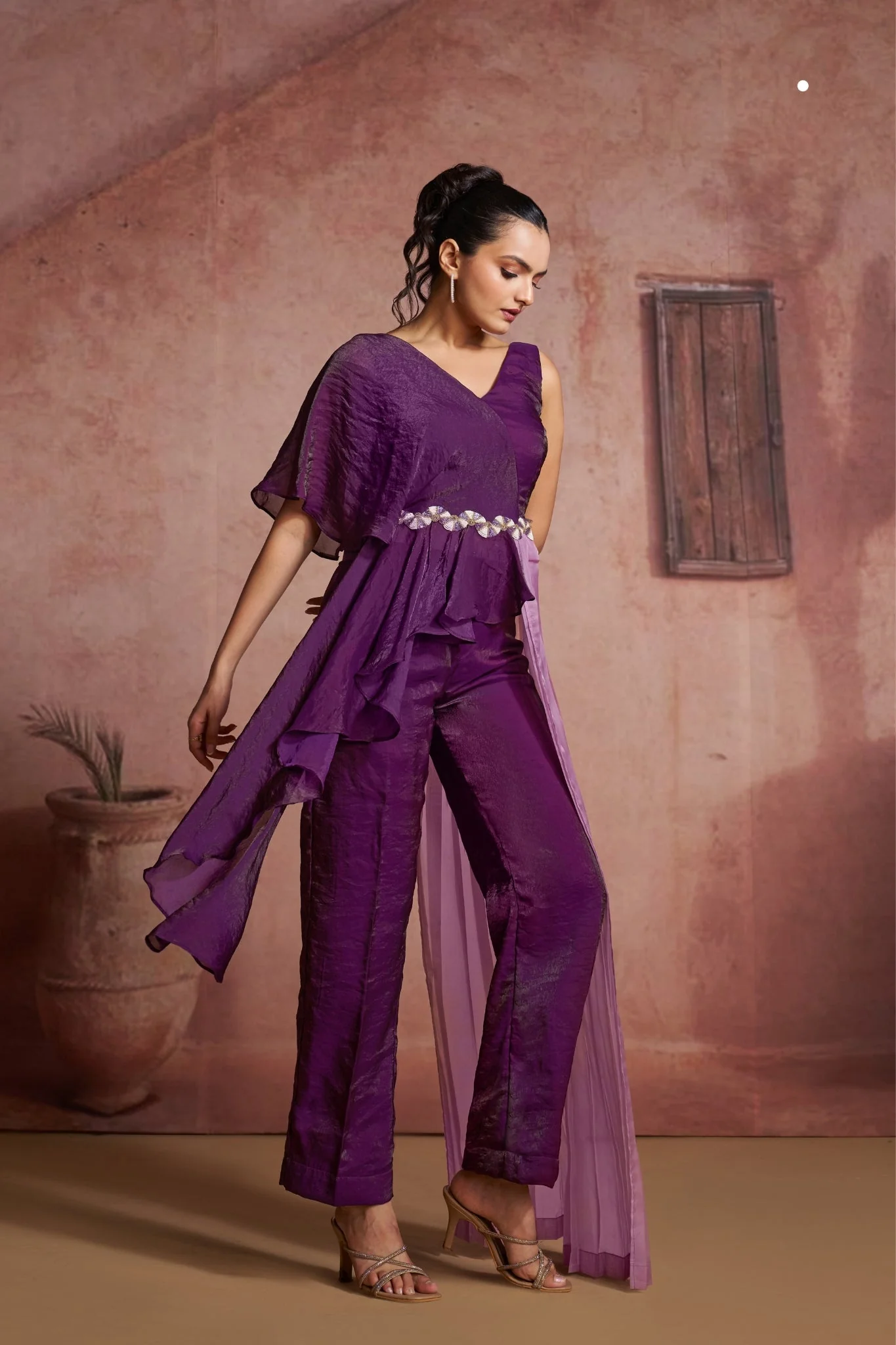 Luxury Wine Organza Co Ord Set For Women - Image 3