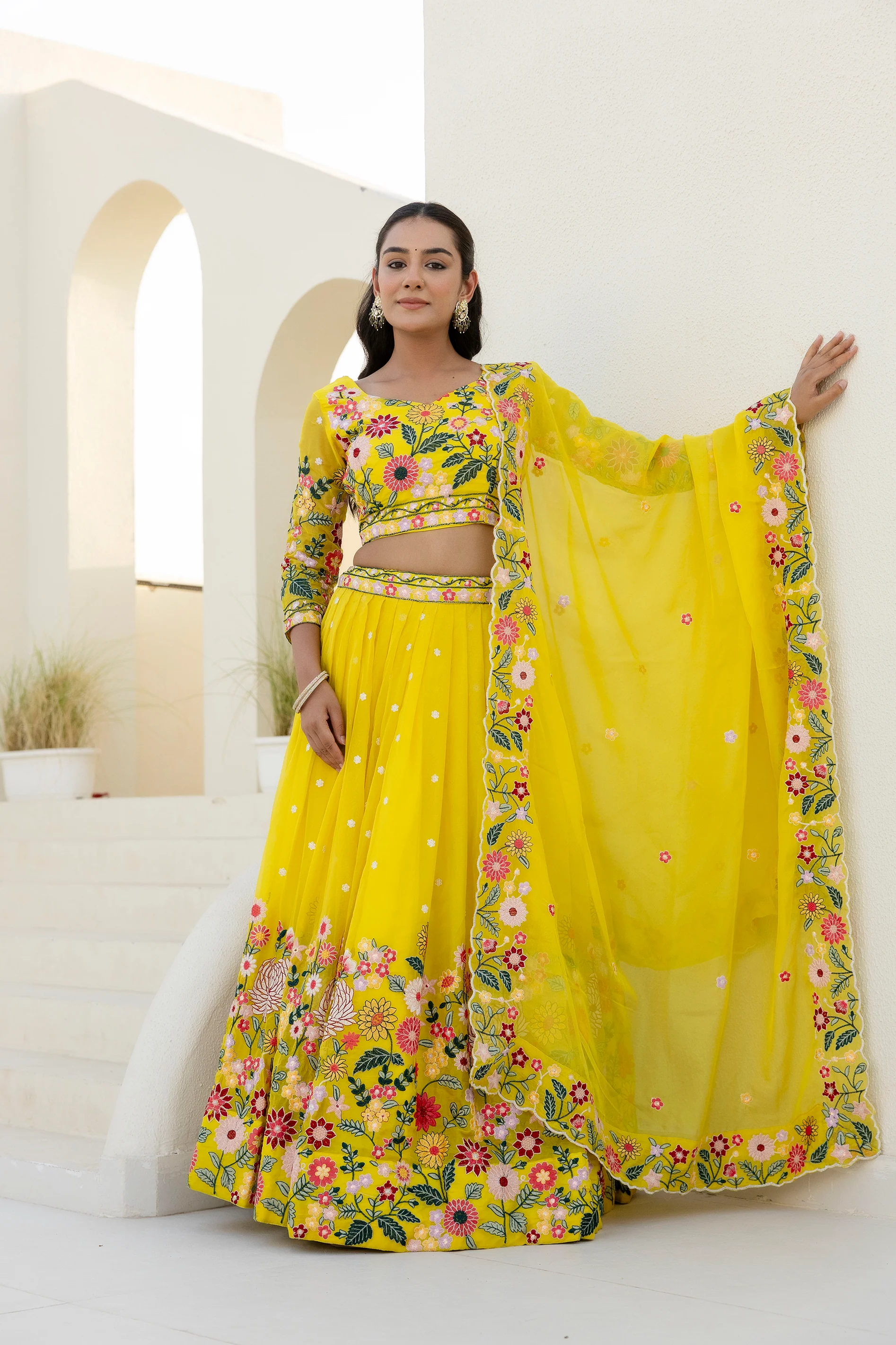 Luxury Yellow Organza Thread and Sequins Work Lehenga Choli Set - Image 2