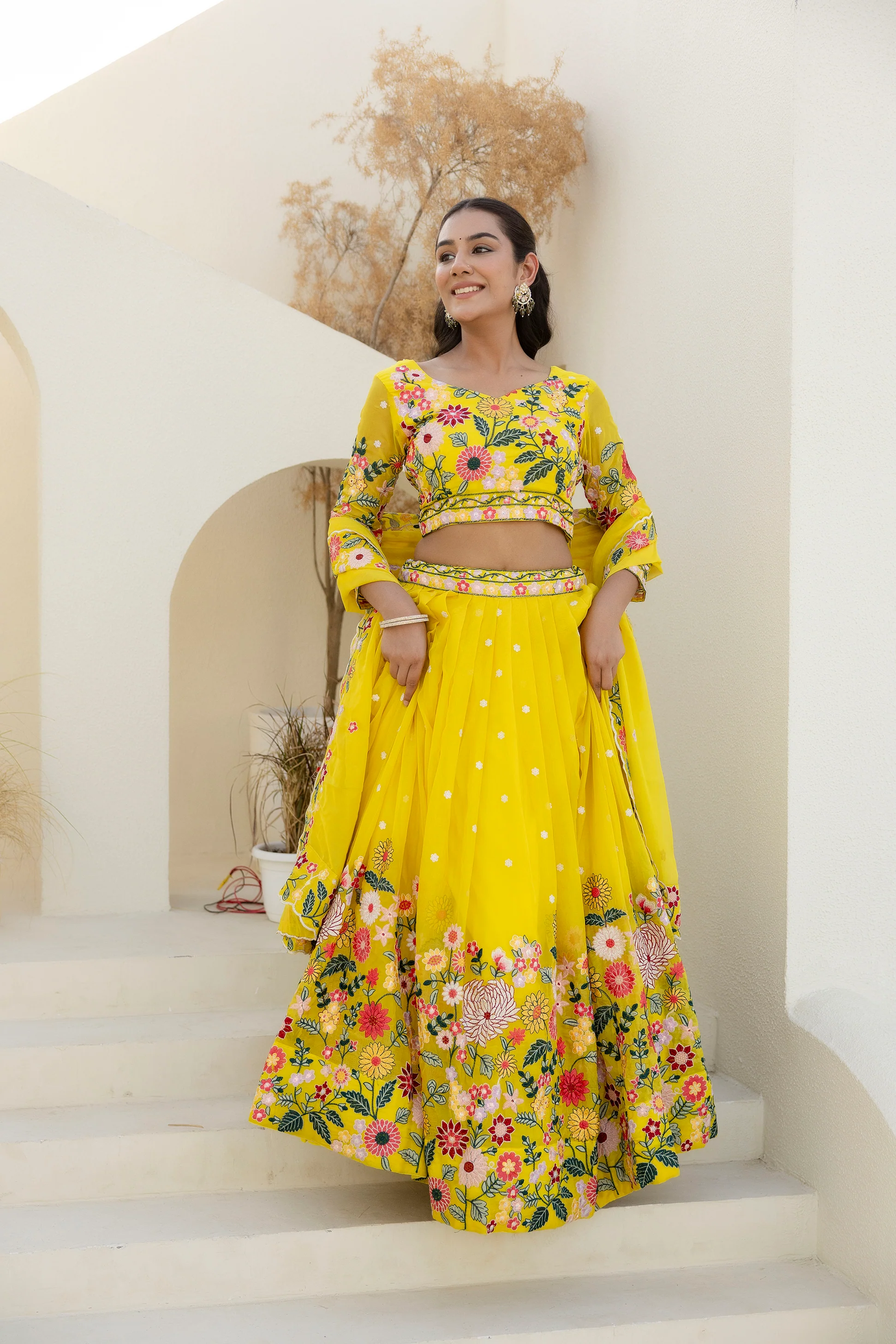Luxury Yellow Organza Thread and Sequins Work Lehenga Choli Set - Image 3