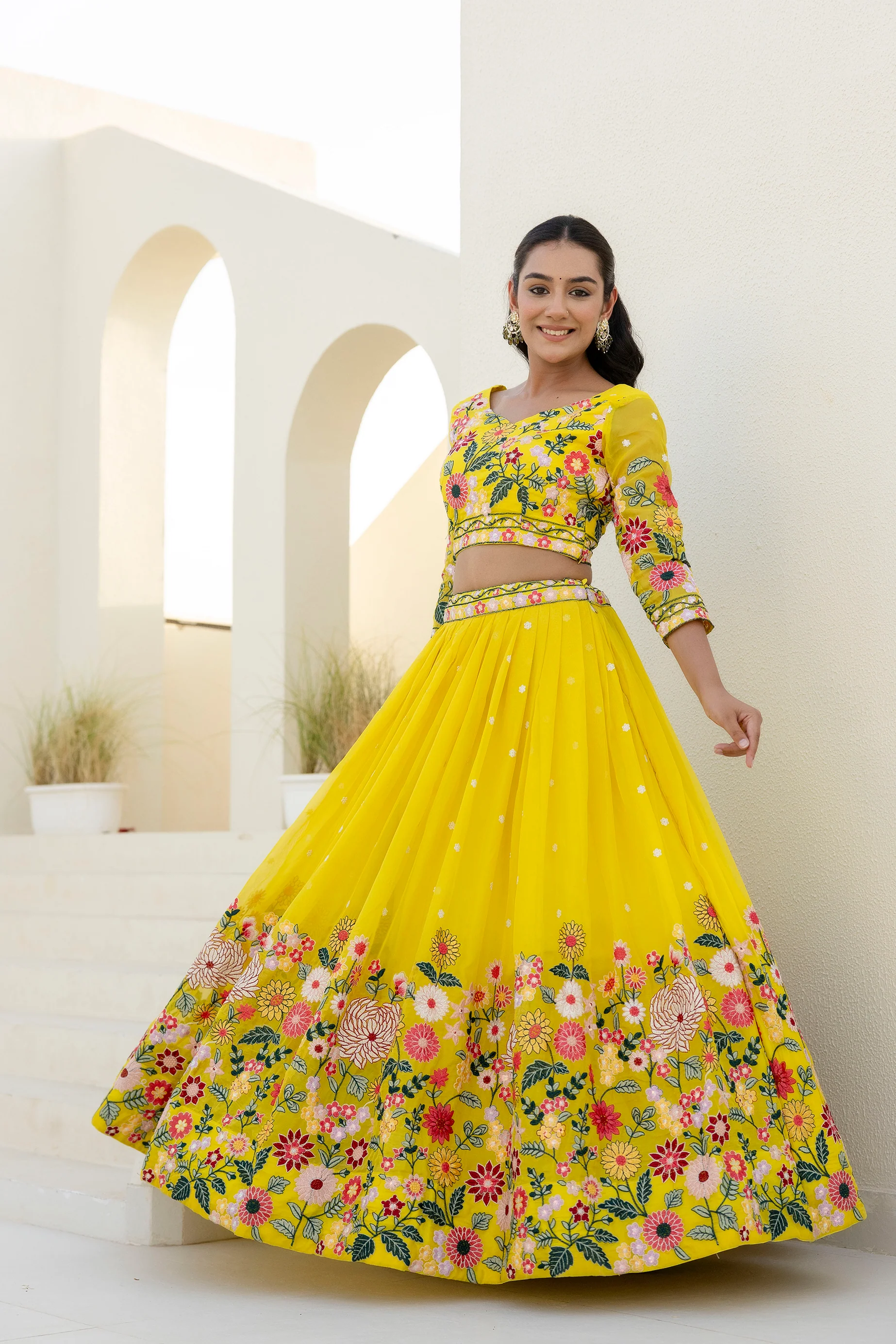 Luxury Yellow Organza Thread and Sequins Work Lehenga Choli Set - Image 4