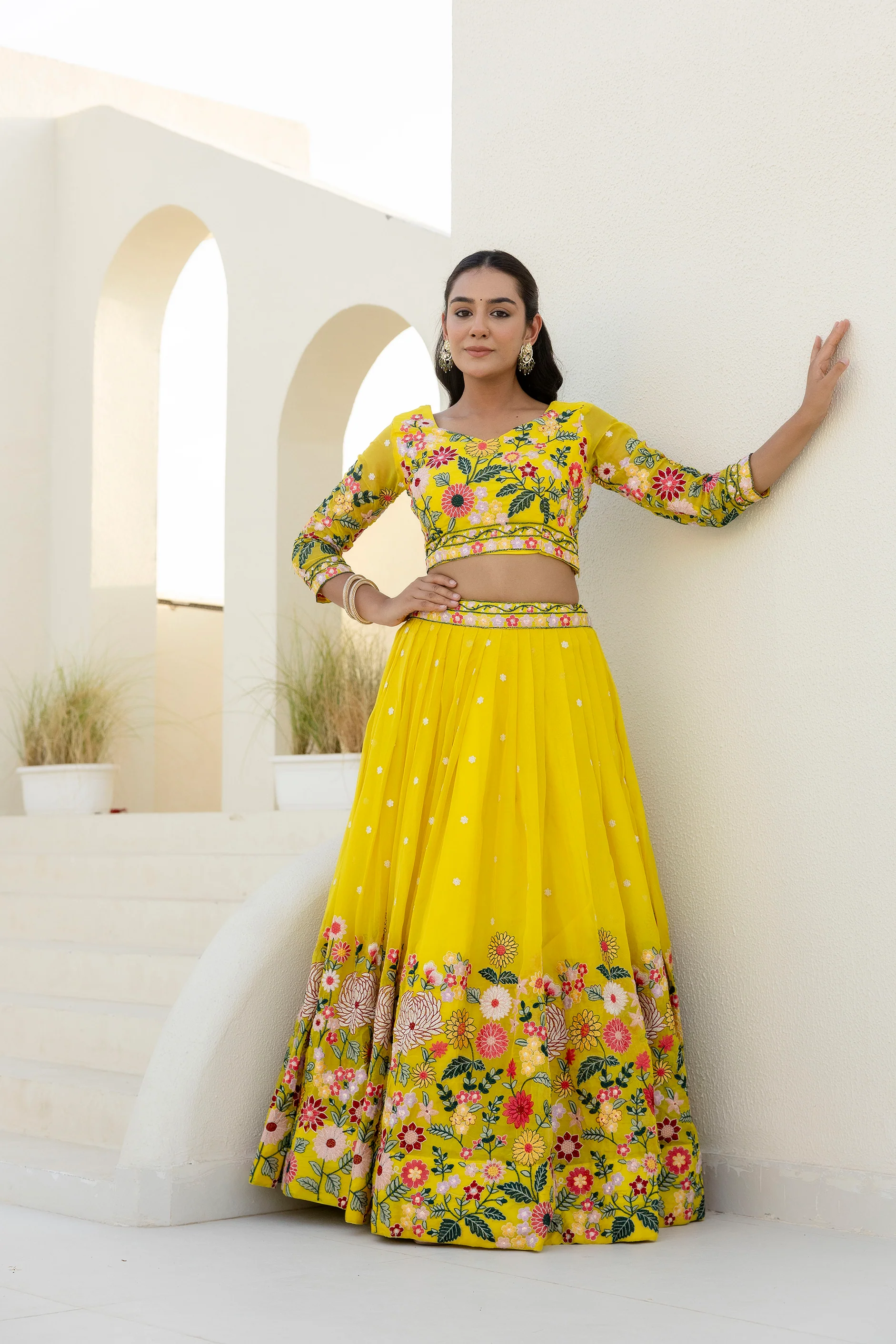 Luxury Yellow Organza Thread and Sequins Work Lehenga Choli Set - Image 5