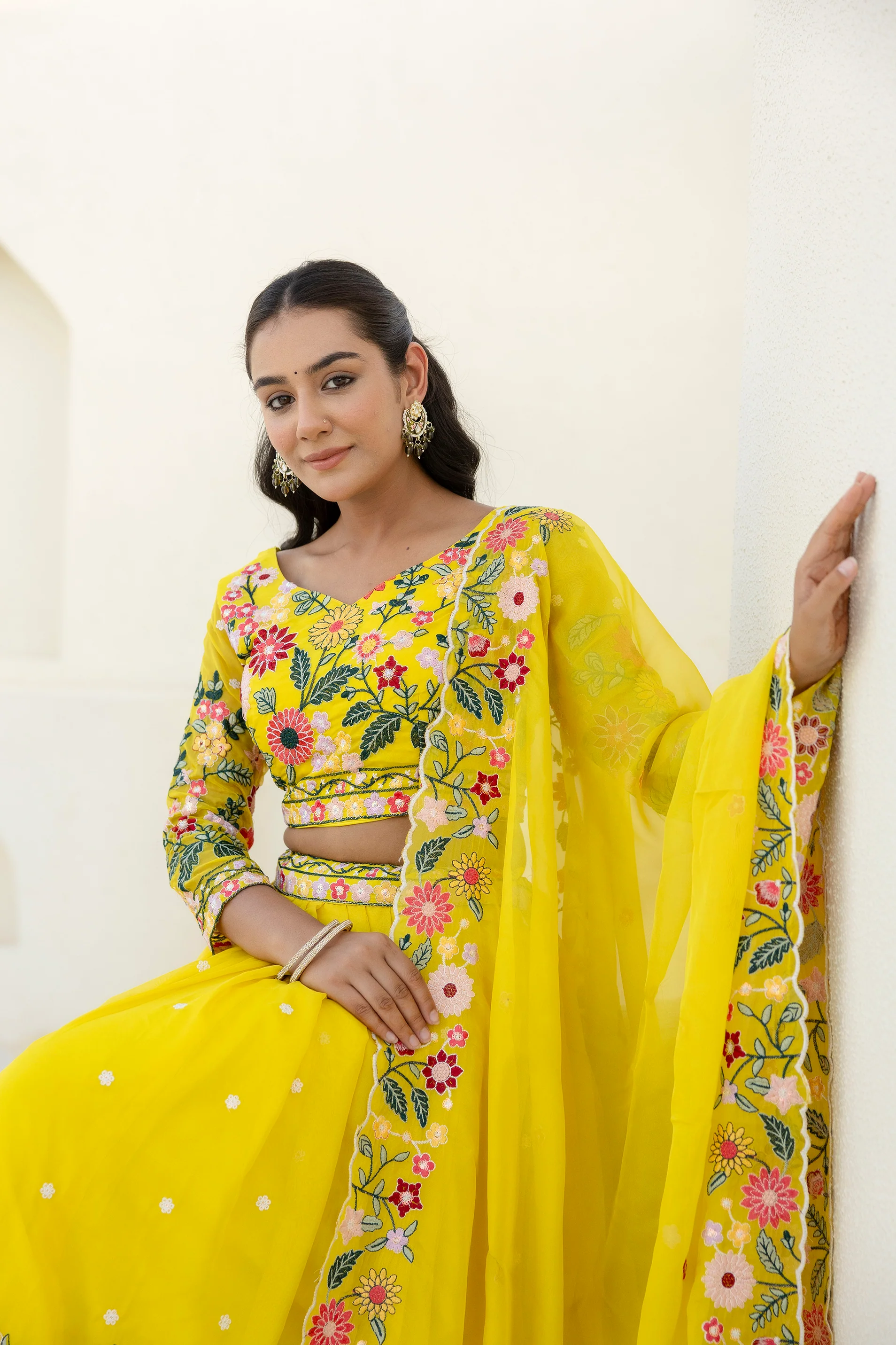 Luxury Yellow Organza Thread and Sequins Work Lehenga Choli Set - Image 6