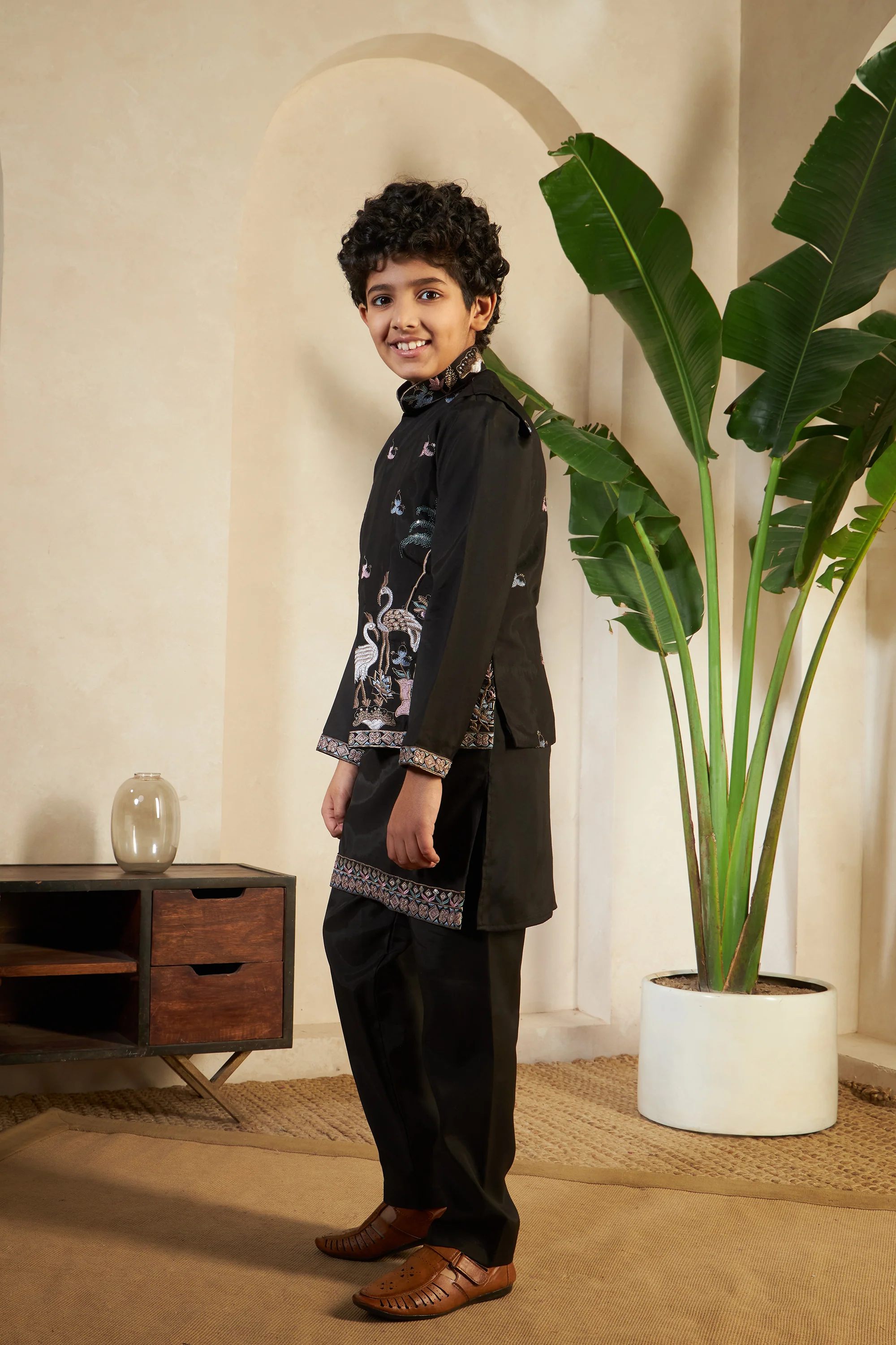 Magic Black Embroidered Koti Kurta Set For Boys - Image 5