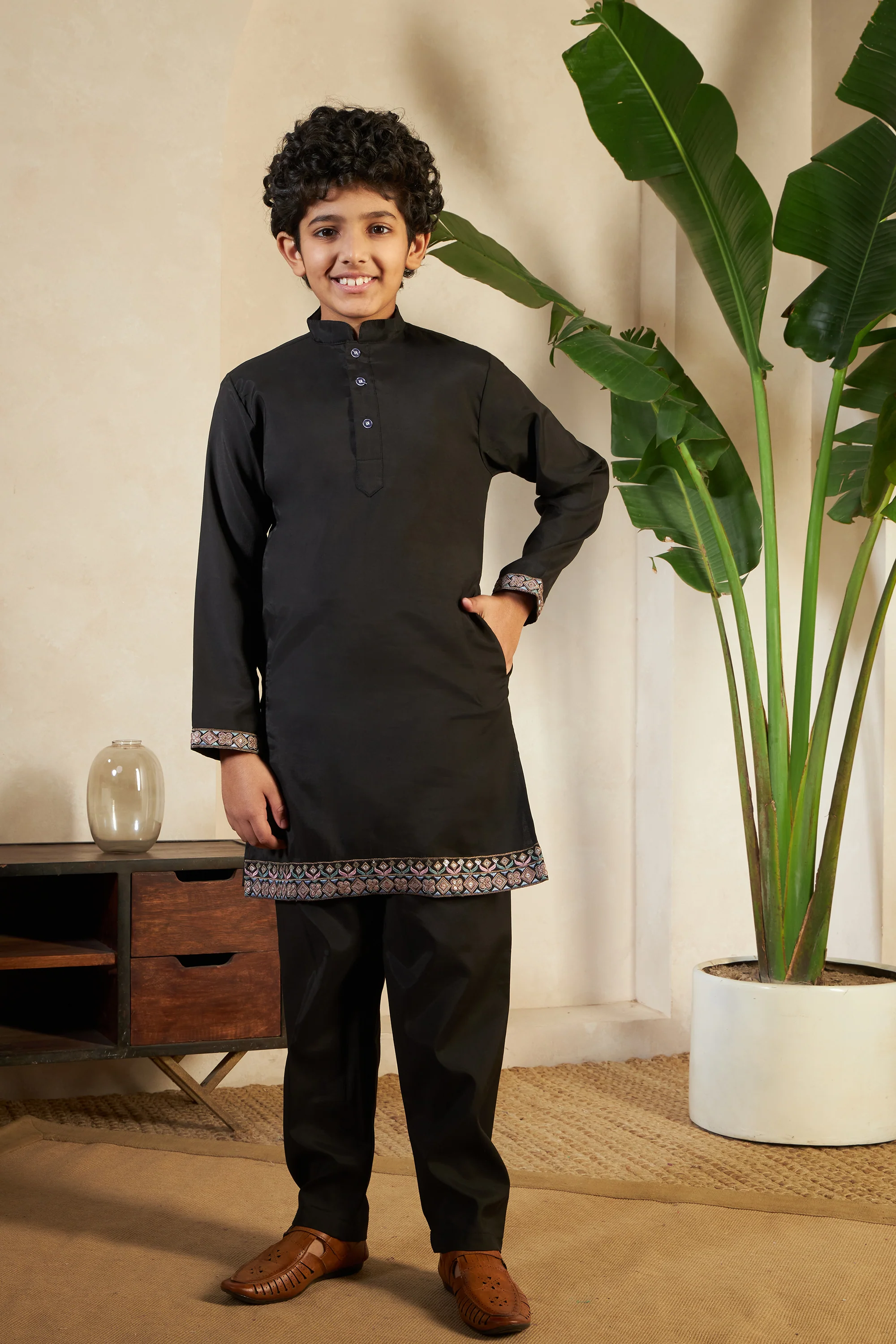 Magic Black Embroidered Koti Kurta Set For Boys - Image 7