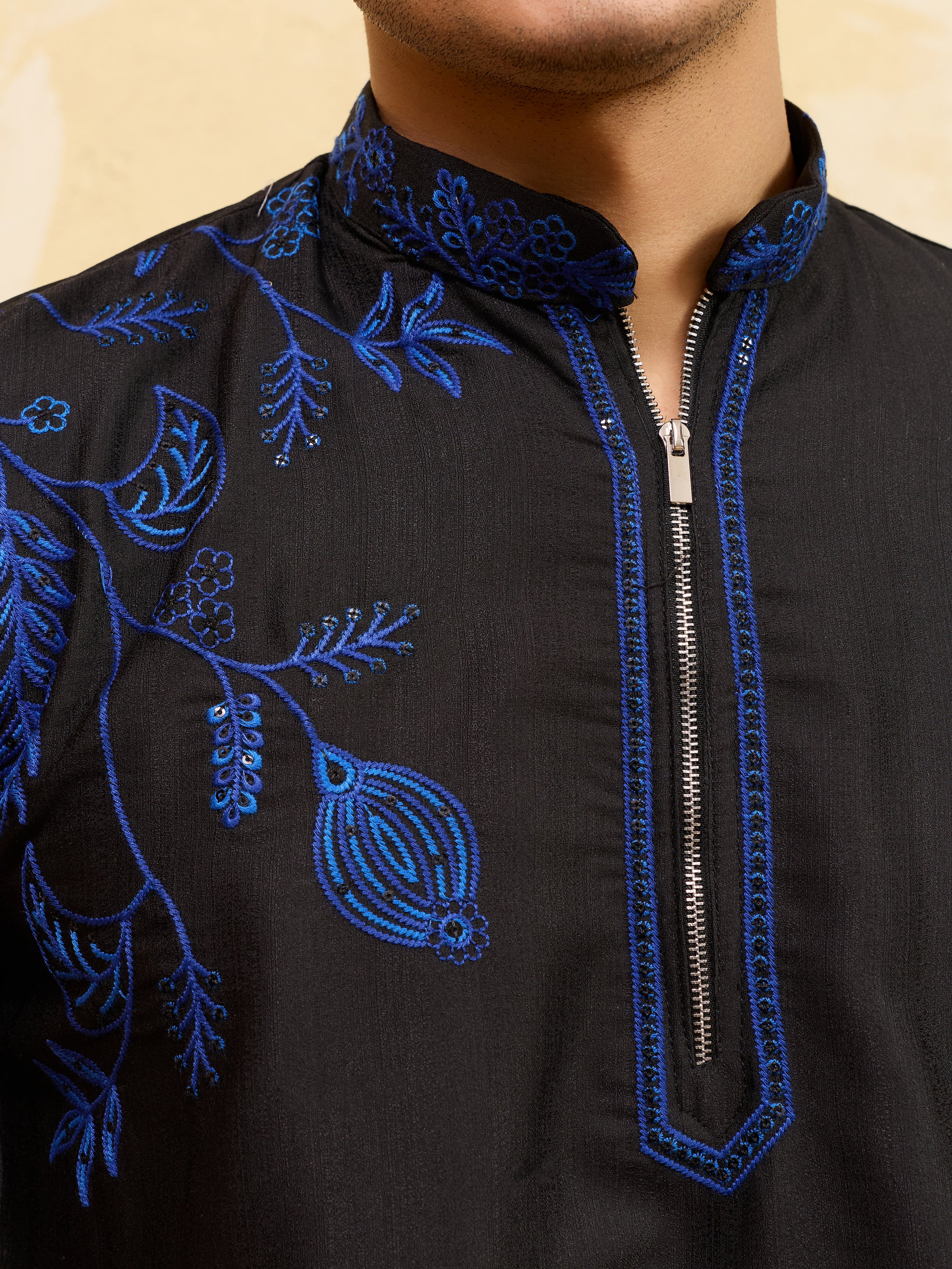 Magic Black Khadi Silk Kurta for Men with Blue Thread Work - Image 3