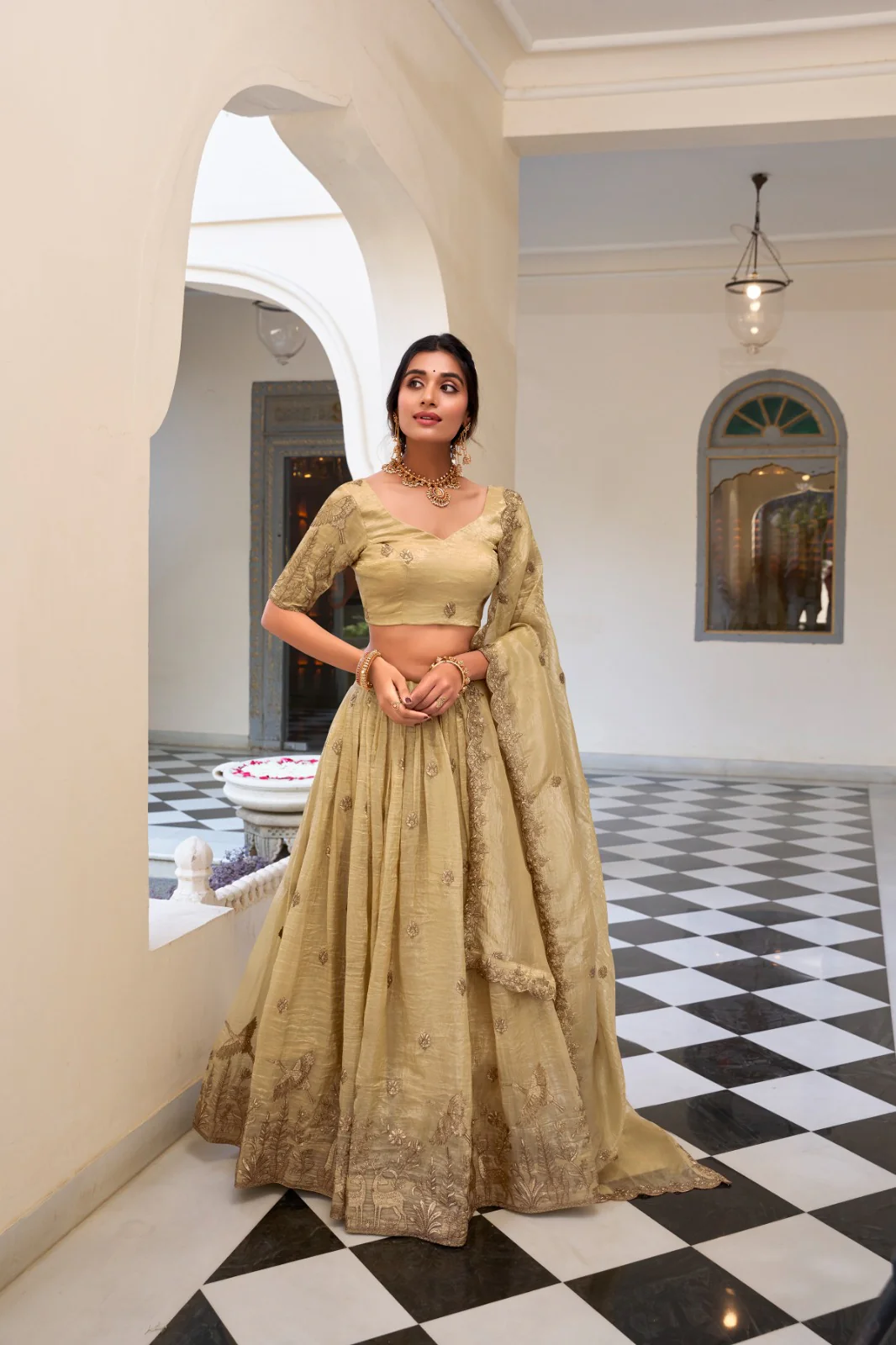 Majestic Gold Crush Embroidered Work Lehenga Choli Set with Dupatta For Women - Image 9