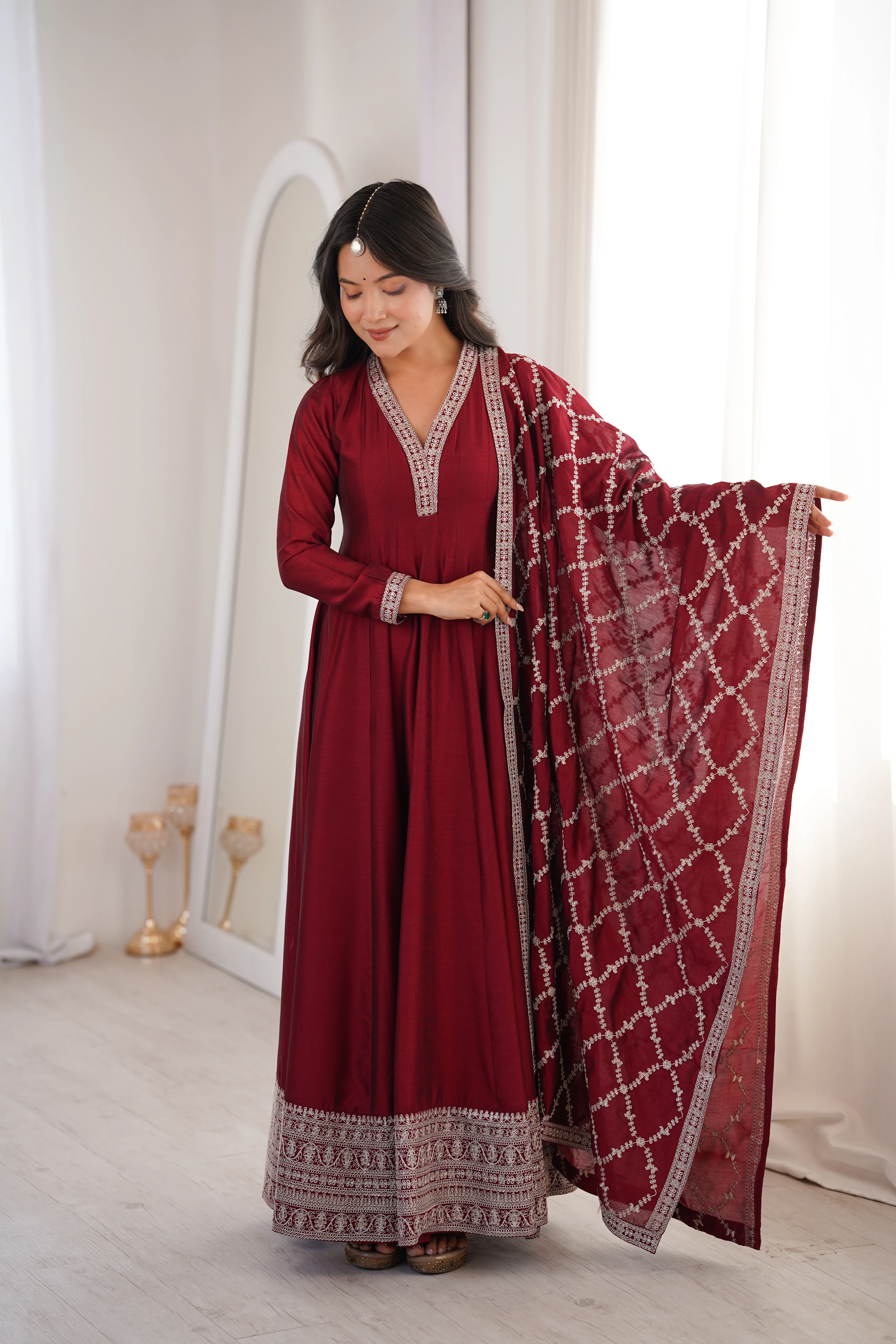 Maroon Full Flare Vichitra Silk Anarkali Gown with Fancy Dupatta - Image 2