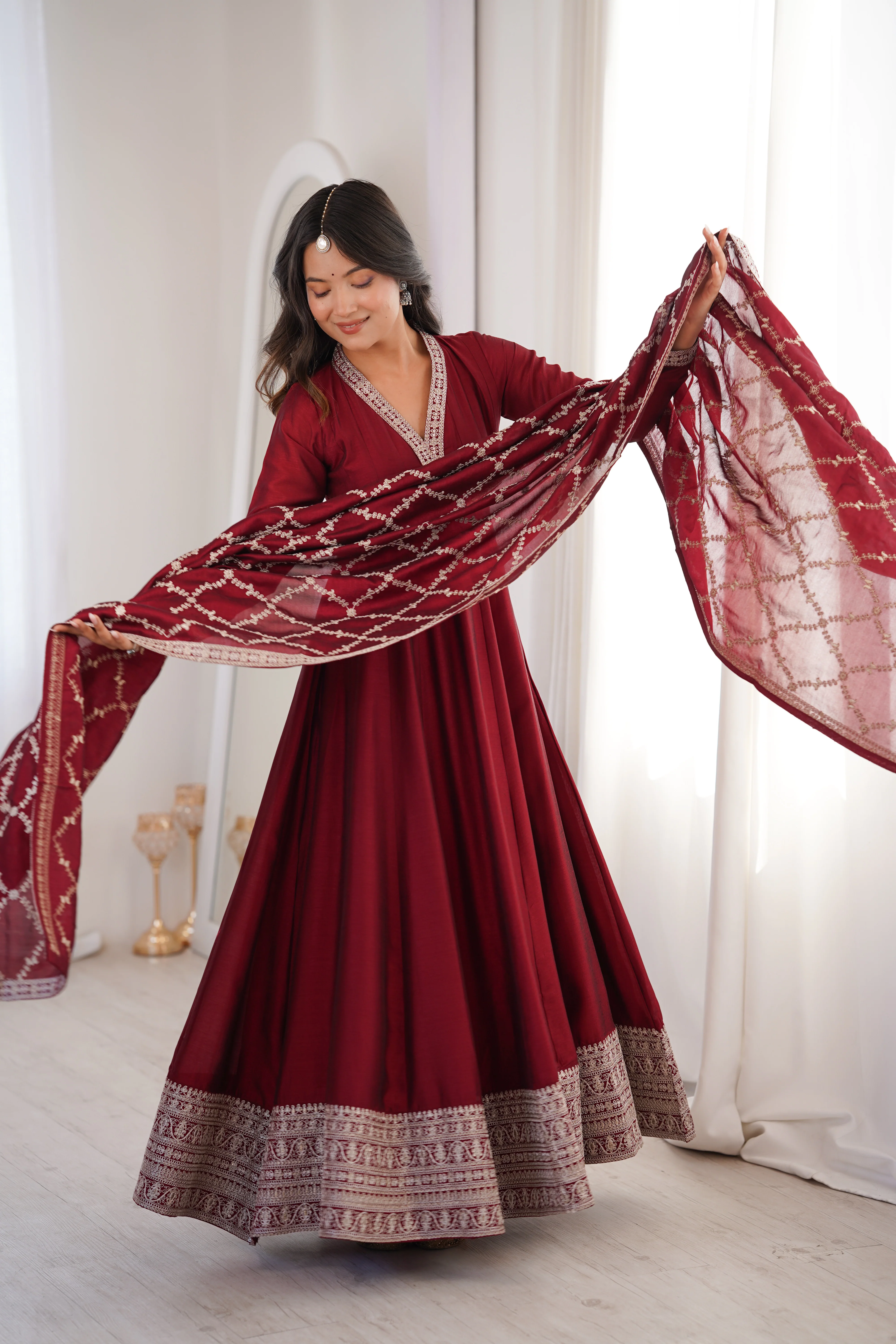 Maroon Full Flare Vichitra Silk Anarkali Gown with Fancy Dupatta - Image 3