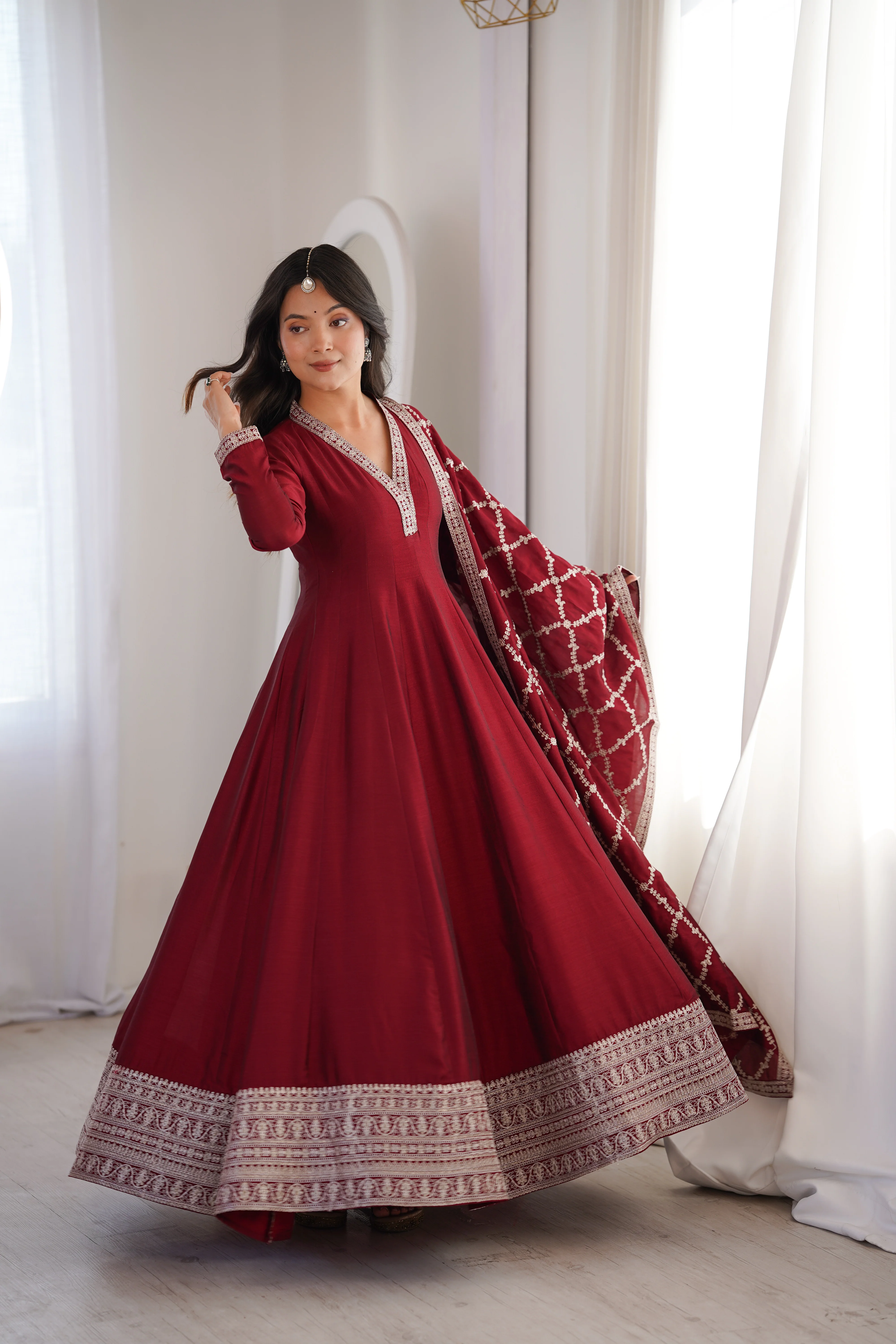 Maroon Full Flare Vichitra Silk Anarkali Gown with Fancy Dupatta - Image 4