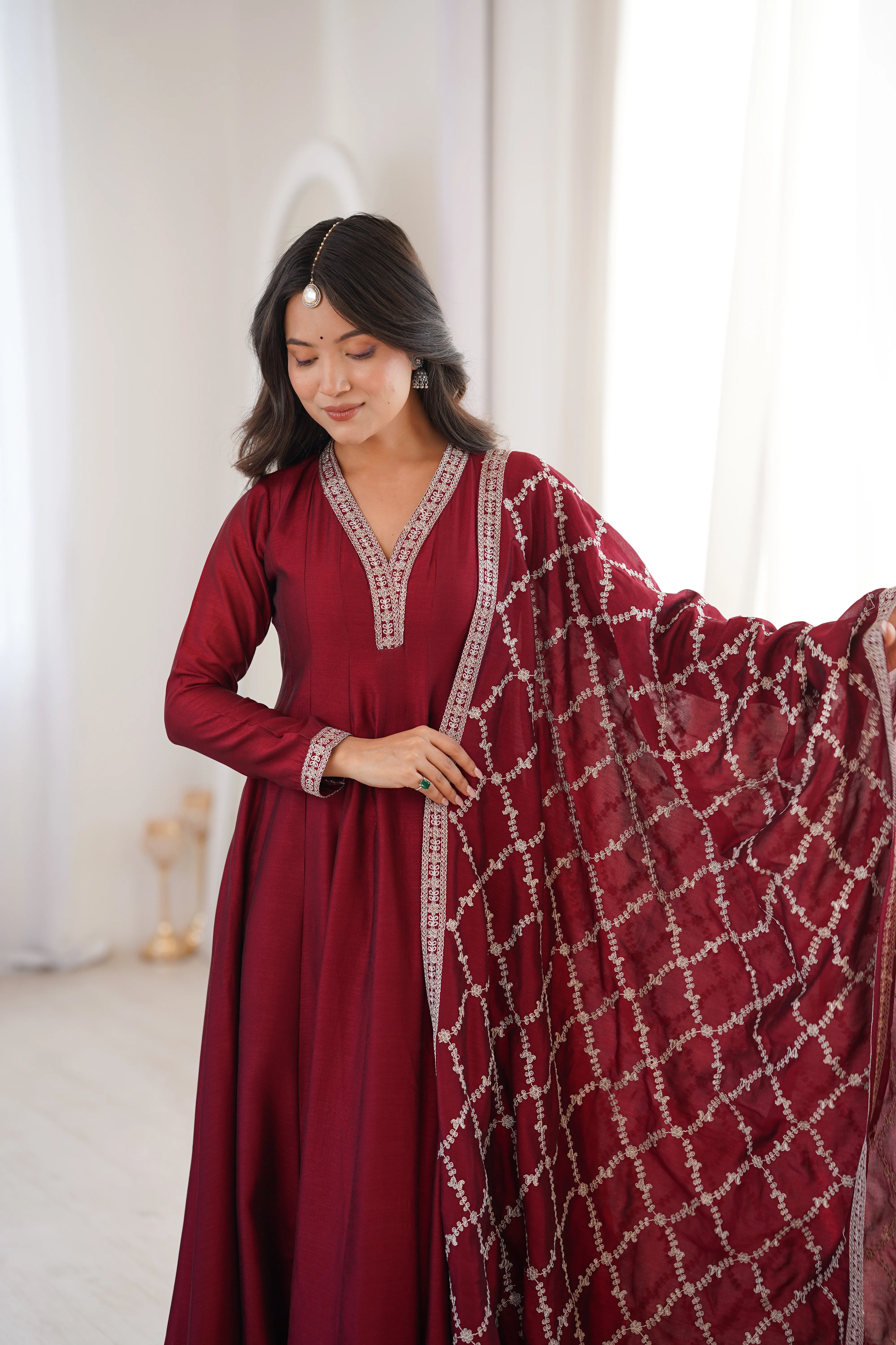 Maroon Full Flare Vichitra Silk Anarkali Gown with Fancy Dupatta - Image 5