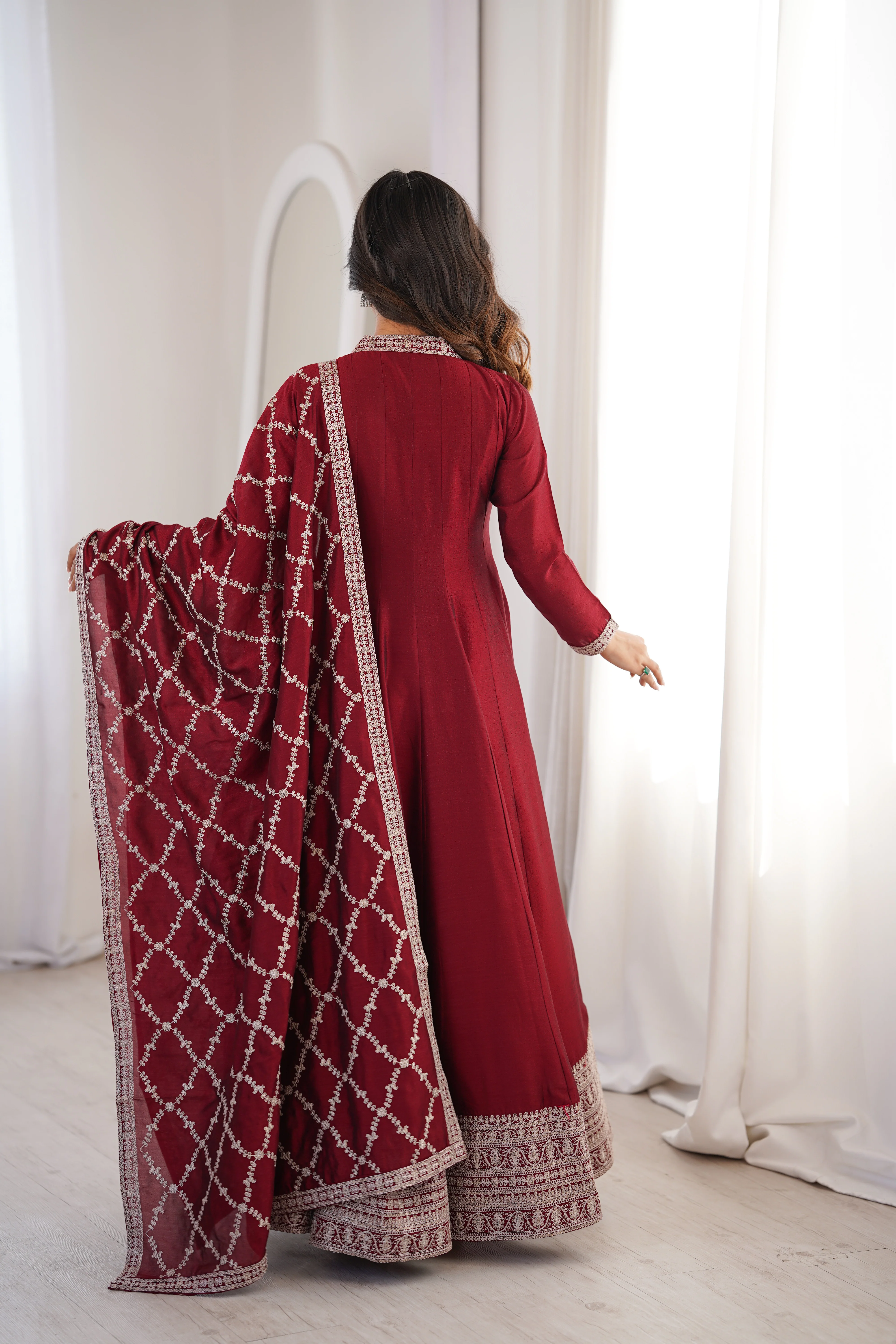 Maroon Full Flare Vichitra Silk Anarkali Gown with Fancy Dupatta - Image 6
