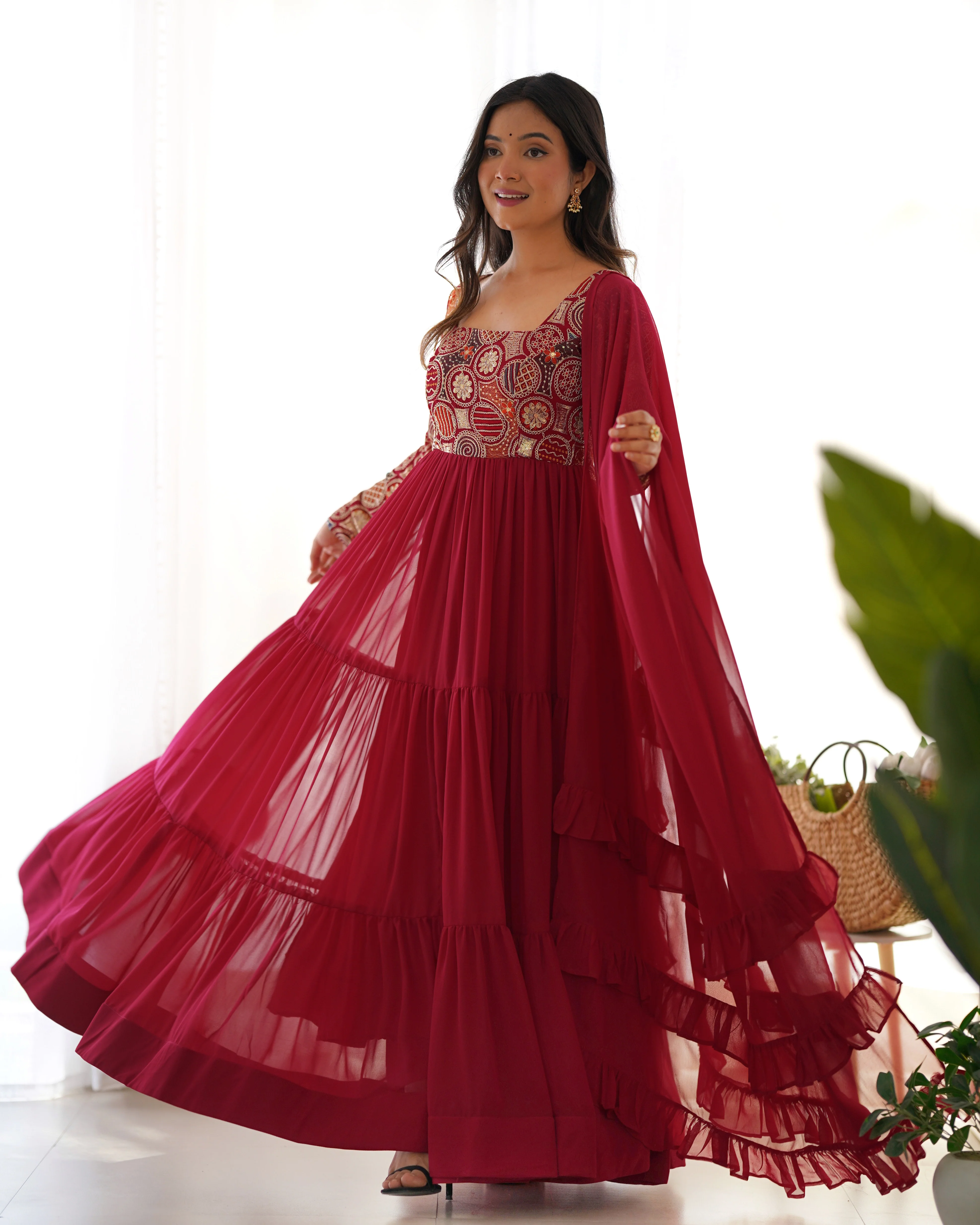 Maroon Pure Fox Georgette Anarkali Suit with Dupatta & Pant - Image 2