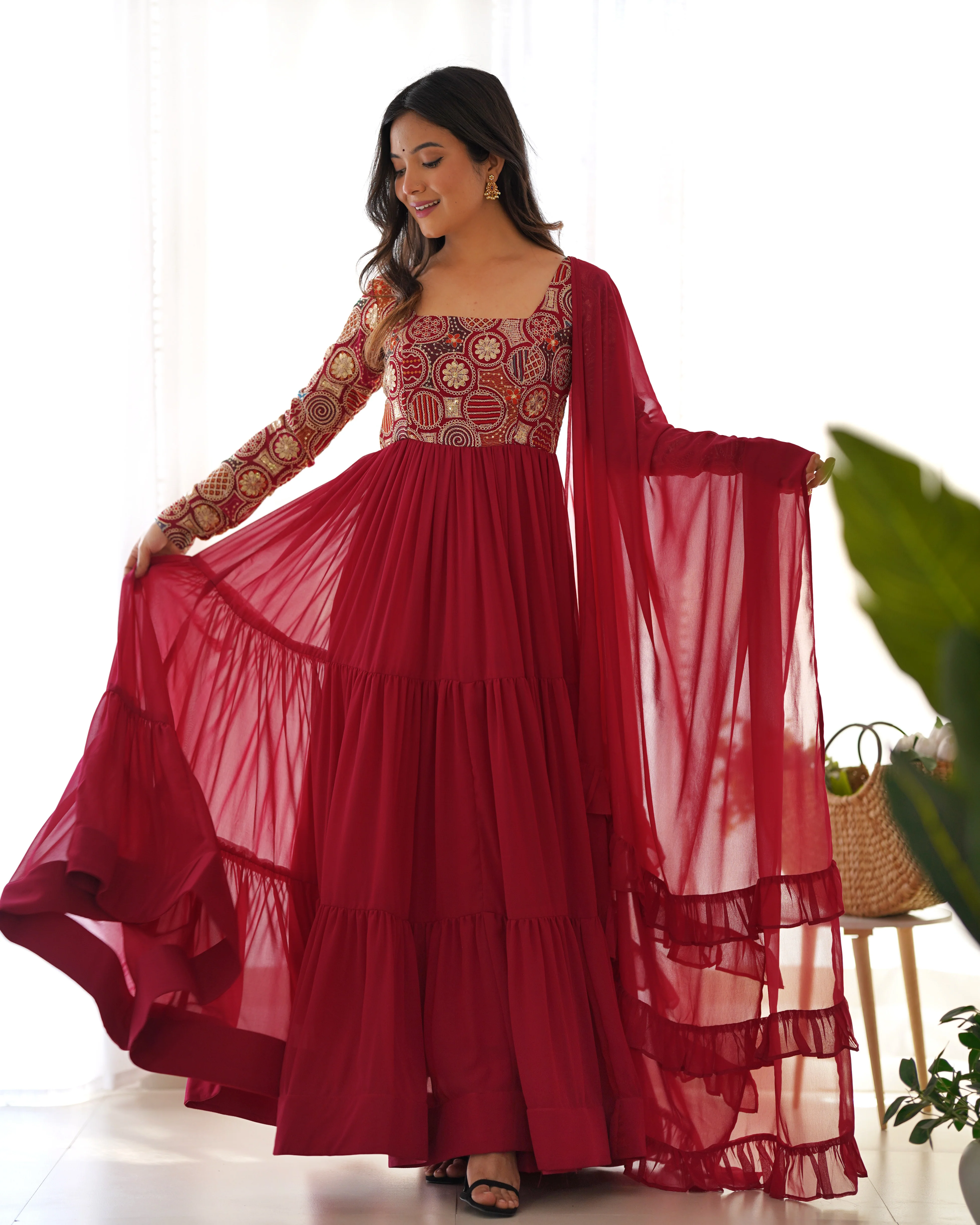 Maroon Pure Fox Georgette Anarkali Suit with Dupatta & Pant - Image 3