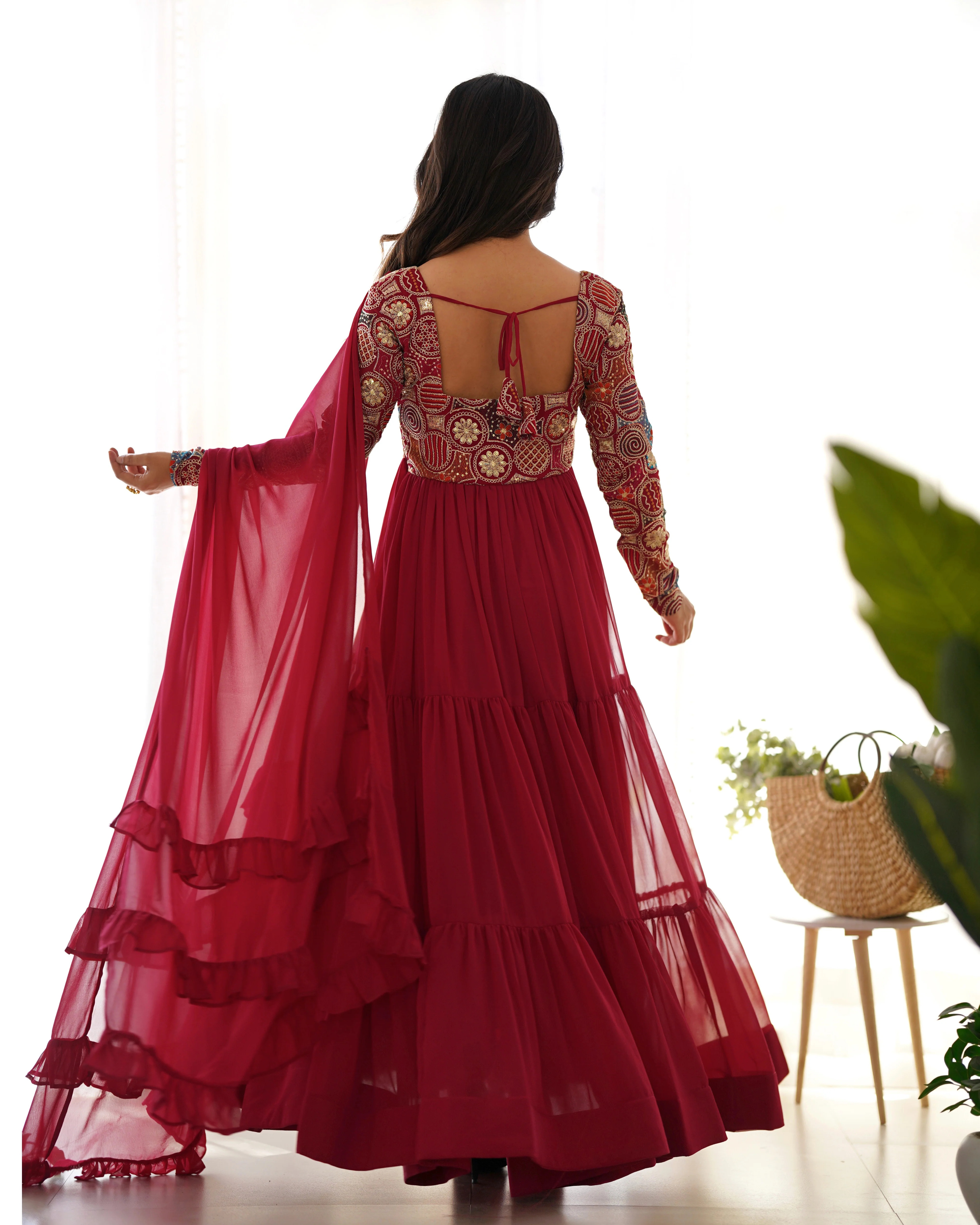 Maroon Pure Fox Georgette Anarkali Suit with Dupatta & Pant - Image 4