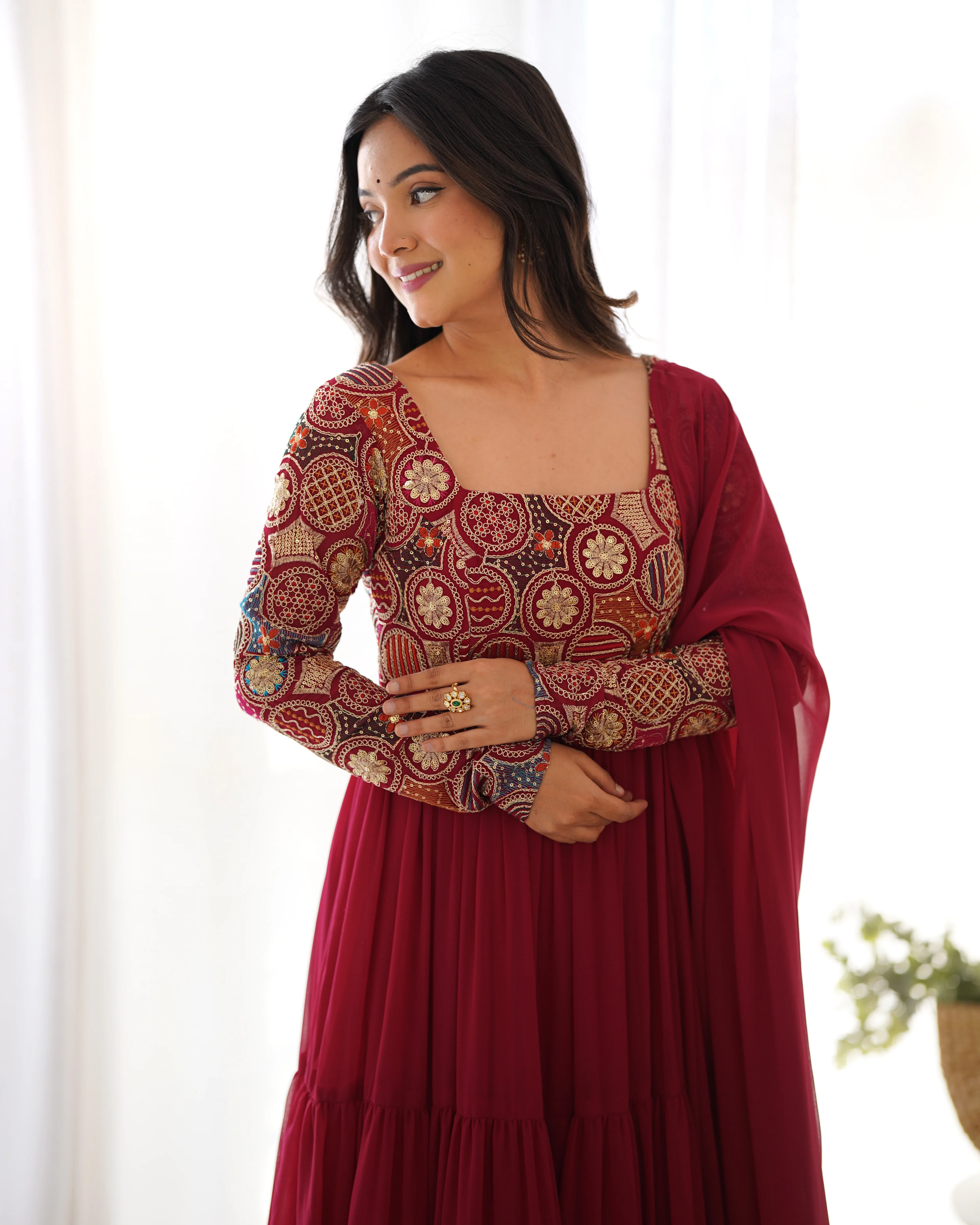 Maroon Pure Fox Georgette Anarkali Suit with Dupatta & Pant - Image 5