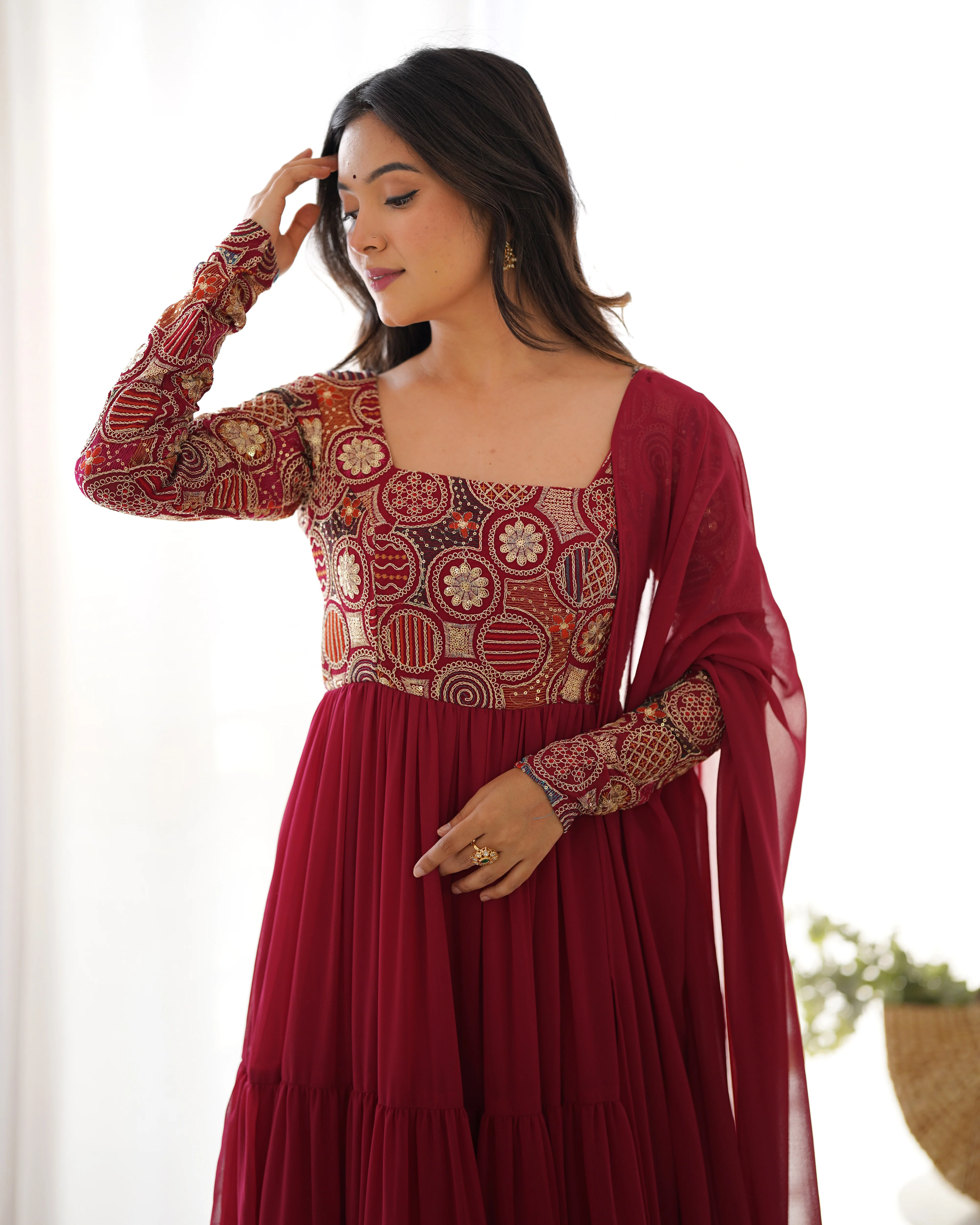 Maroon Pure Fox Georgette Anarkali Suit with Dupatta & Pant - Image 6