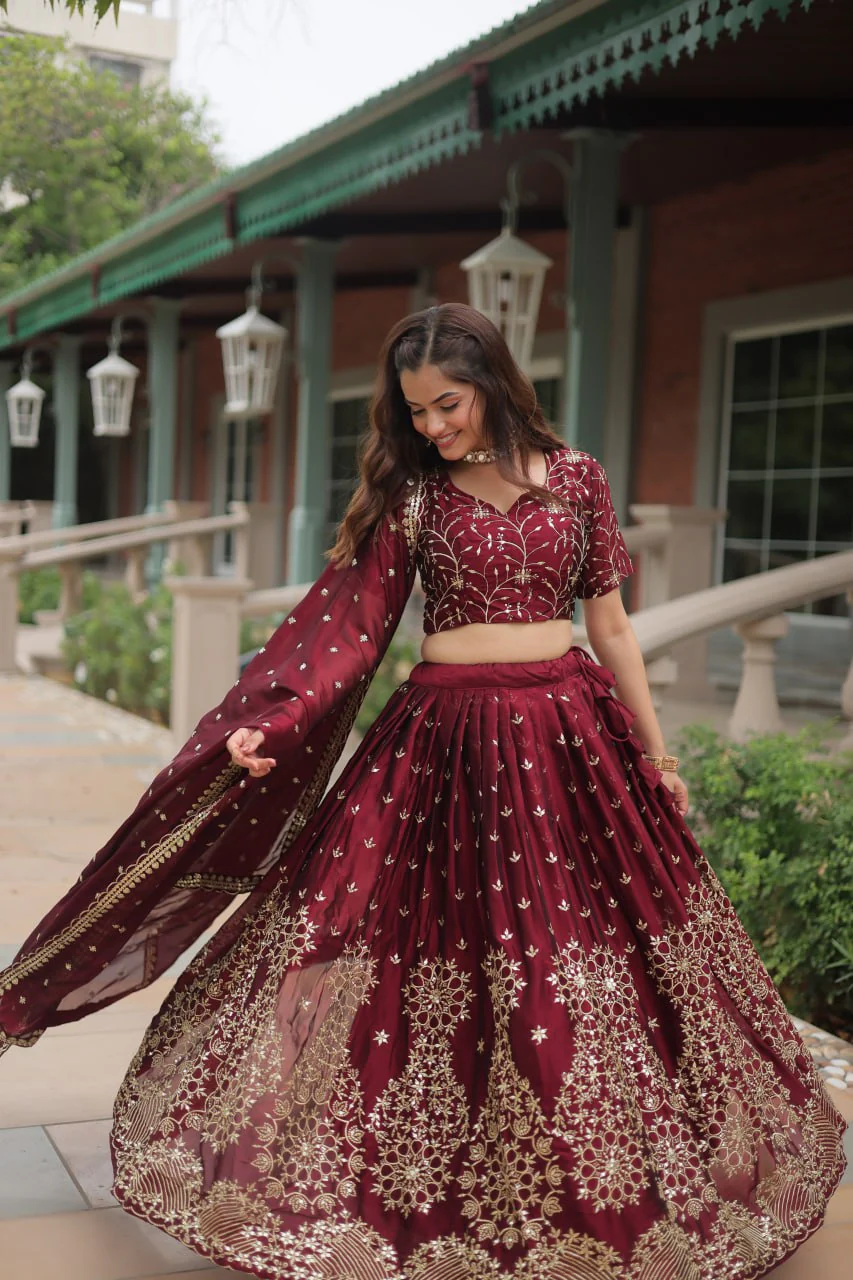 Maroon Rangoli Silk Heavy Sequins And Thread Embroidered Work Wedding Special Lehenga - Image 10