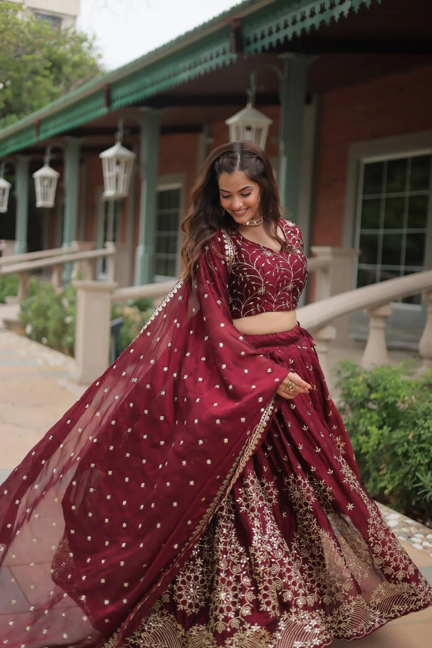 Maroon Rangoli Silk Heavy Sequins And Thread Embroidered Work Wedding Special Lehenga - Image 11