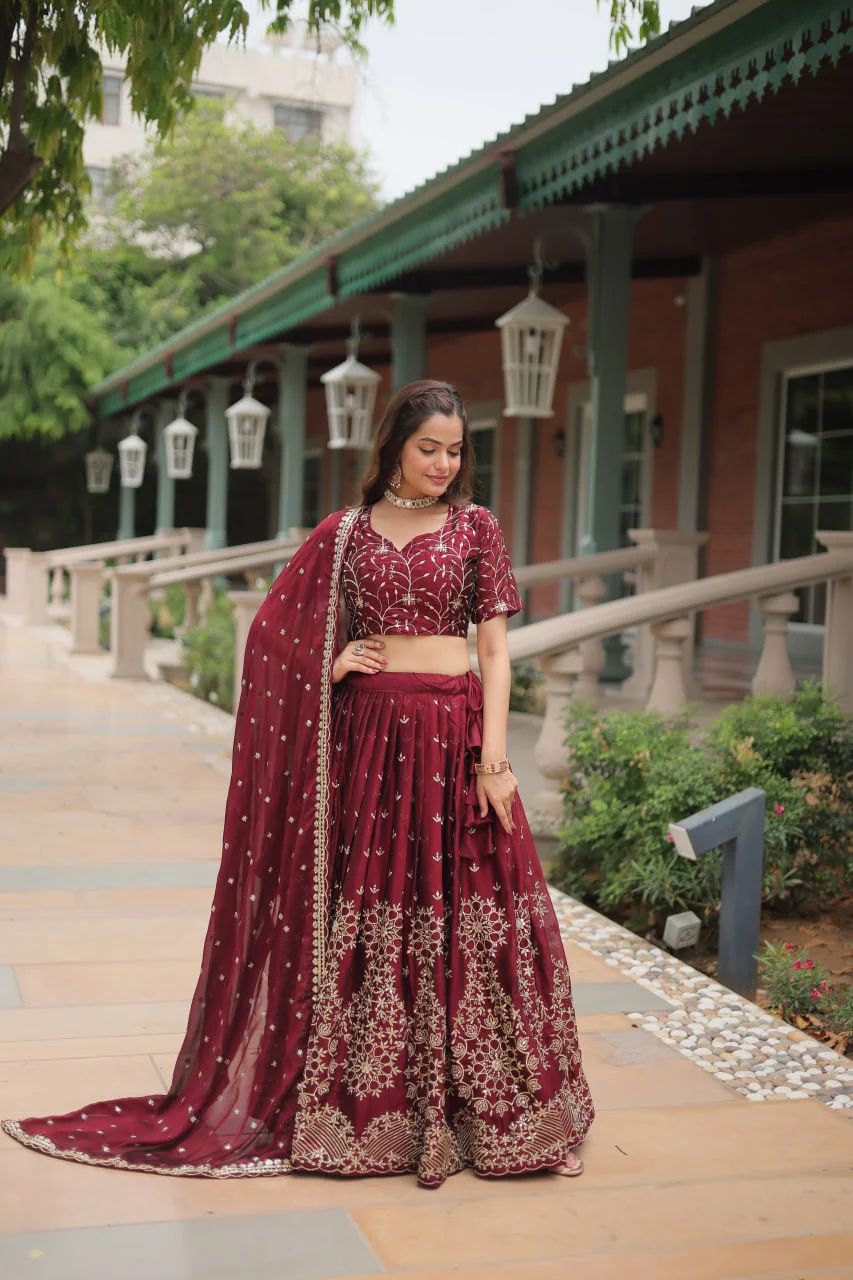 Maroon Rangoli Silk Heavy Sequins And Thread Embroidered Work Wedding Special Lehenga - Image 3