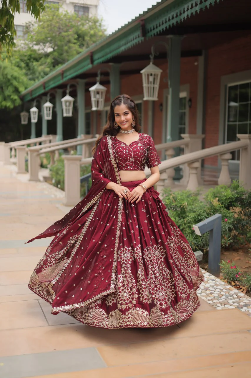 Maroon Rangoli Silk Heavy Sequins And Thread Embroidered Work Wedding Special Lehenga - Image 4