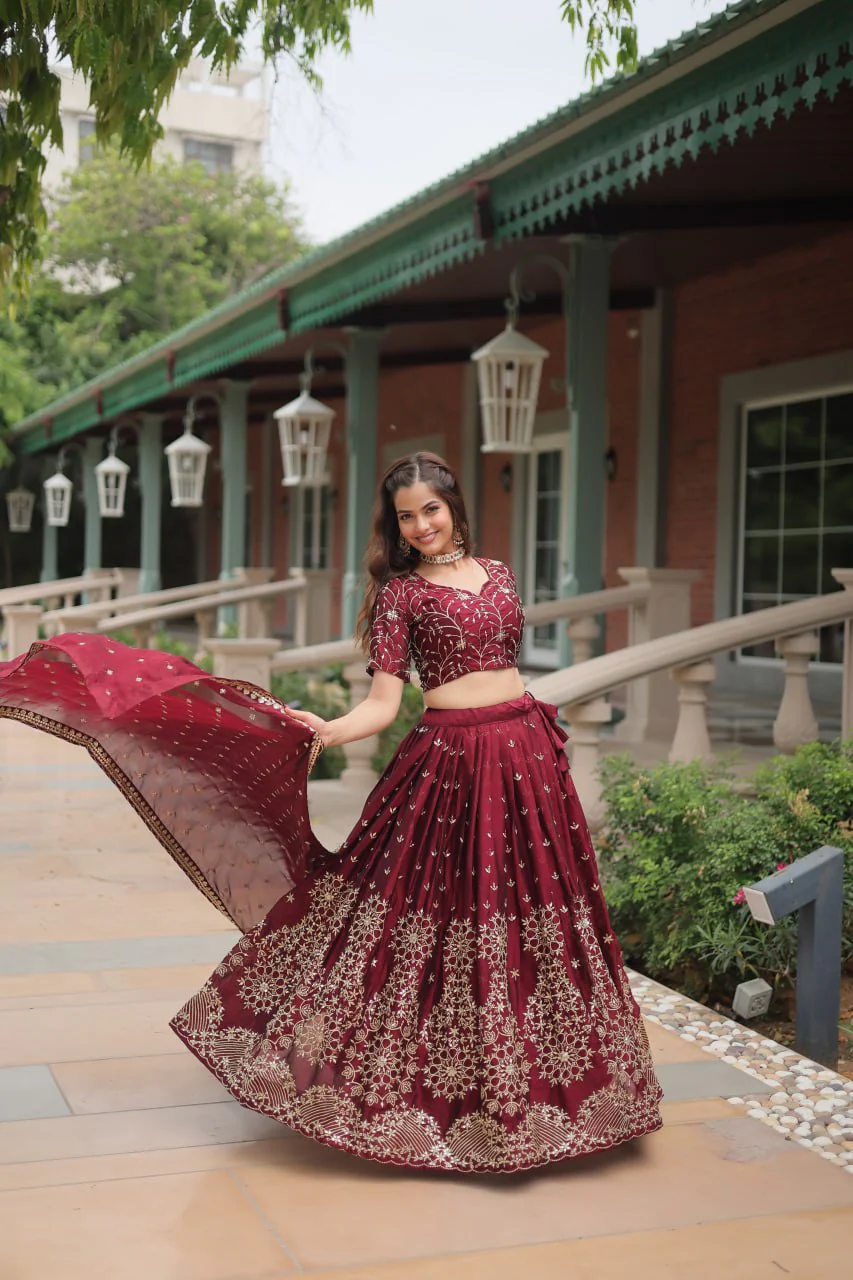 Maroon Rangoli Silk Heavy Sequins And Thread Embroidered Work Wedding Special Lehenga - Image 5