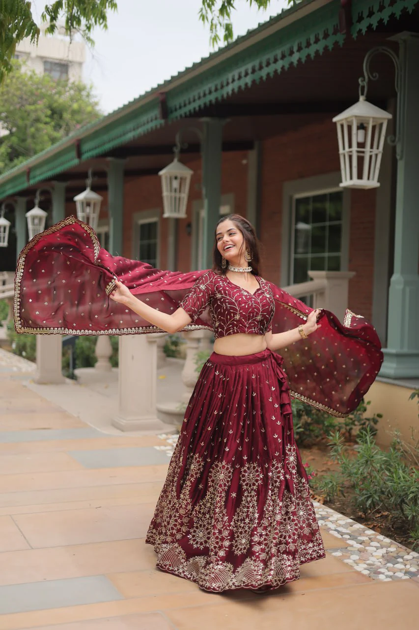 Maroon Rangoli Silk Heavy Sequins And Thread Embroidered Work Wedding Special Lehenga - Image 6