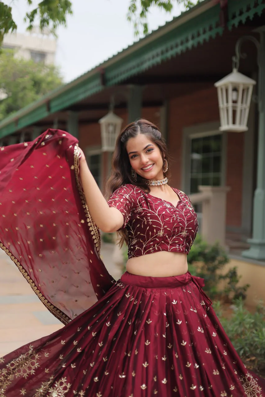 Maroon Rangoli Silk Heavy Sequins And Thread Embroidered Work Wedding Special Lehenga - Image 7