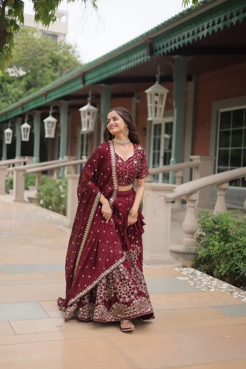 Maroon Rangoli Silk Heavy Sequins And Thread Embroidered Work Wedding Special Lehenga - Image 8