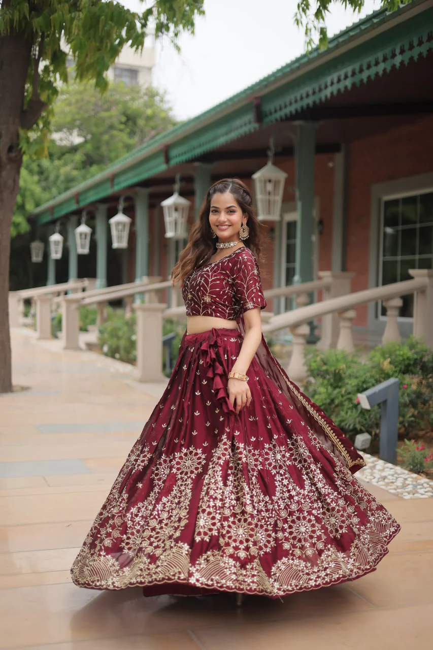 Maroon Rangoli Silk Heavy Sequins And Thread Embroidered Work Wedding Special Lehenga - Image 9