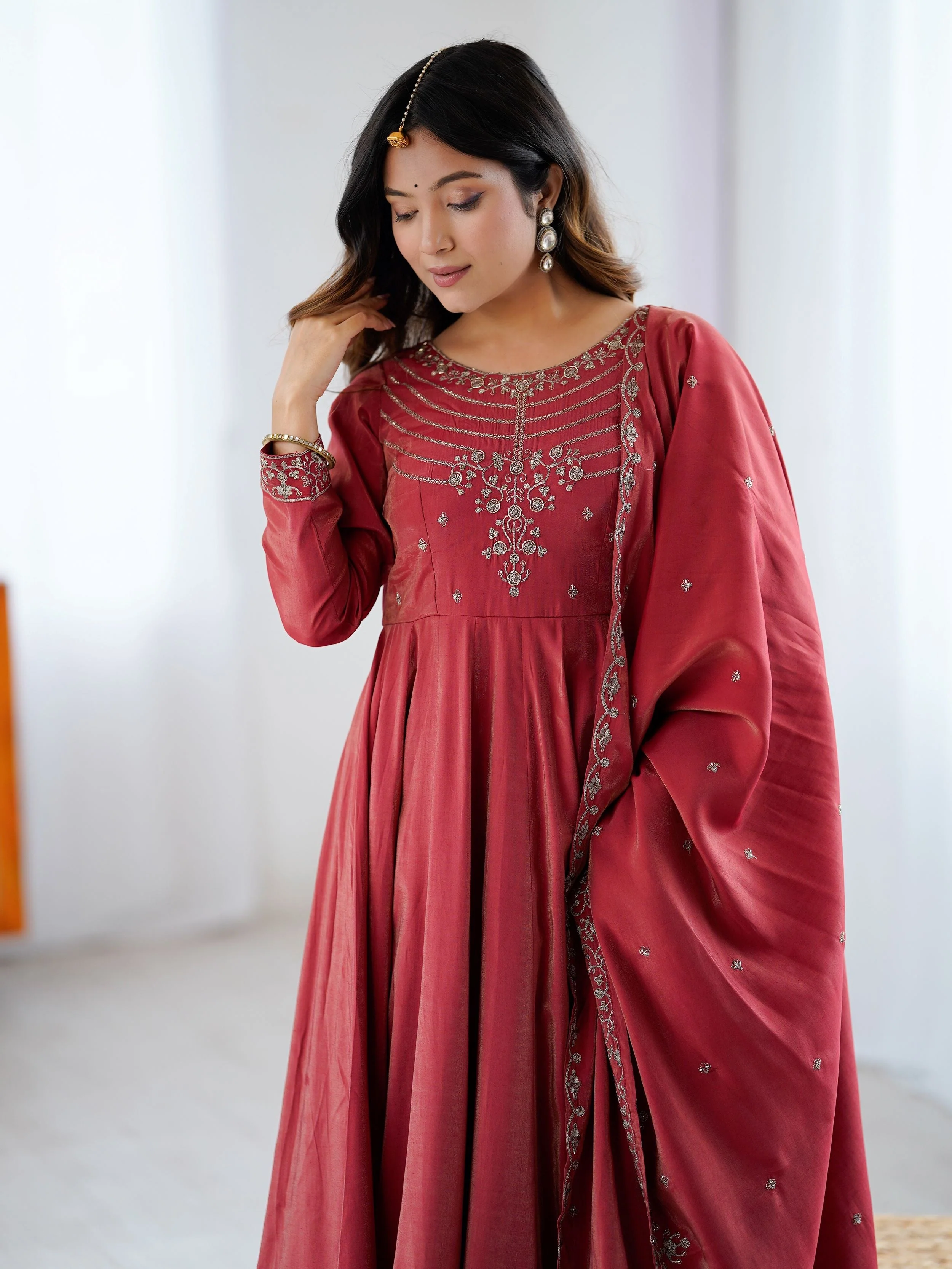 Maroon Roman Shimmer Chanderi Silk Beads Zari Embroidery Anarkali Suit Set - Image 10