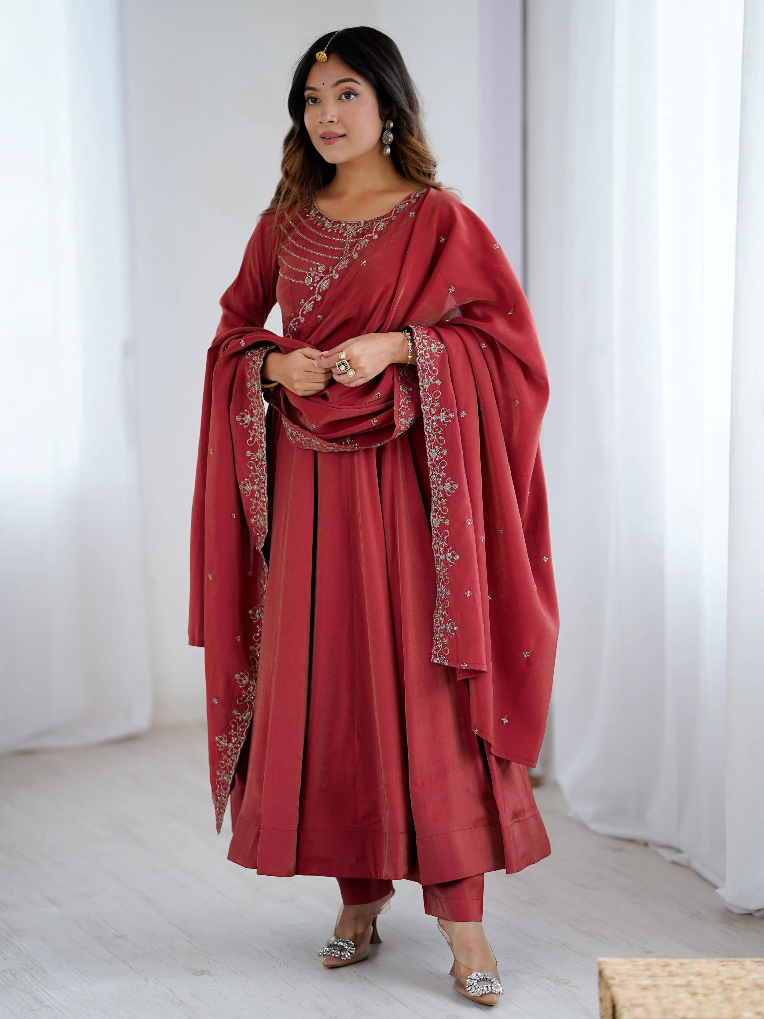Maroon Roman Shimmer Chanderi Silk Beads Zari Embroidery Anarkali Suit Set - Image 2