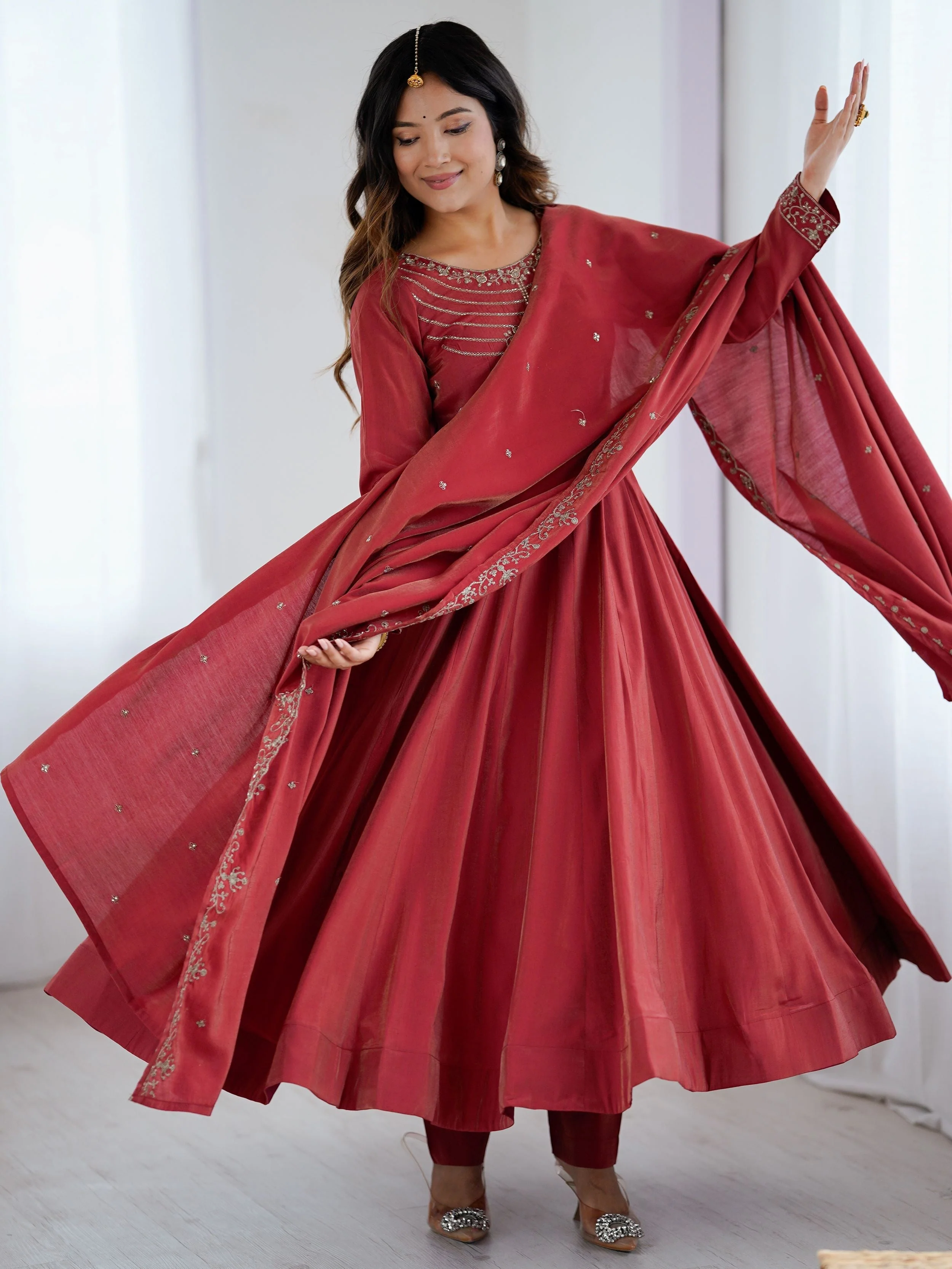 Maroon Roman Shimmer Chanderi Silk Beads Zari Embroidery Anarkali Suit Set - Image 3