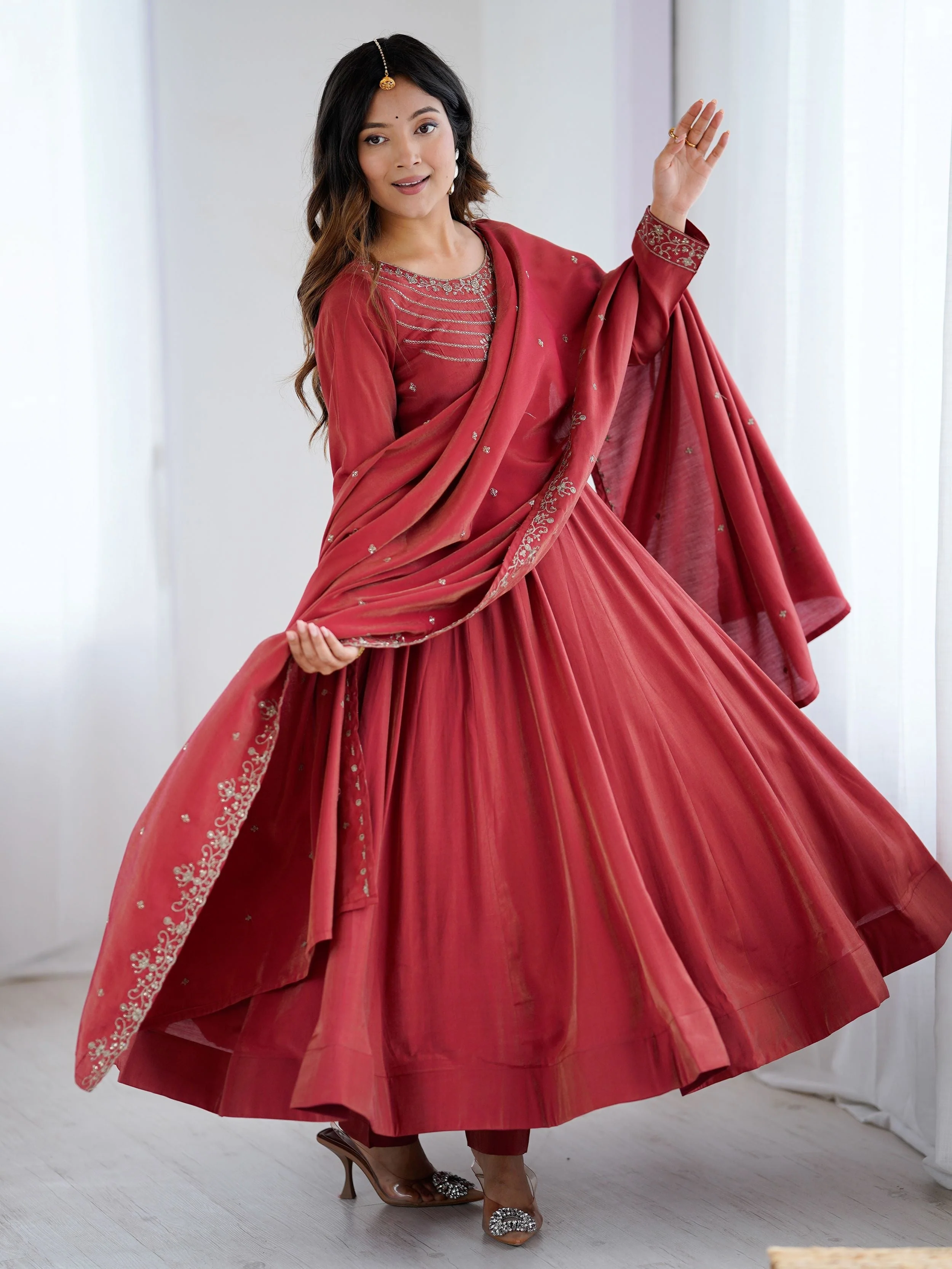 Maroon Roman Shimmer Chanderi Silk Beads Zari Embroidery Anarkali Suit Set - Image 4