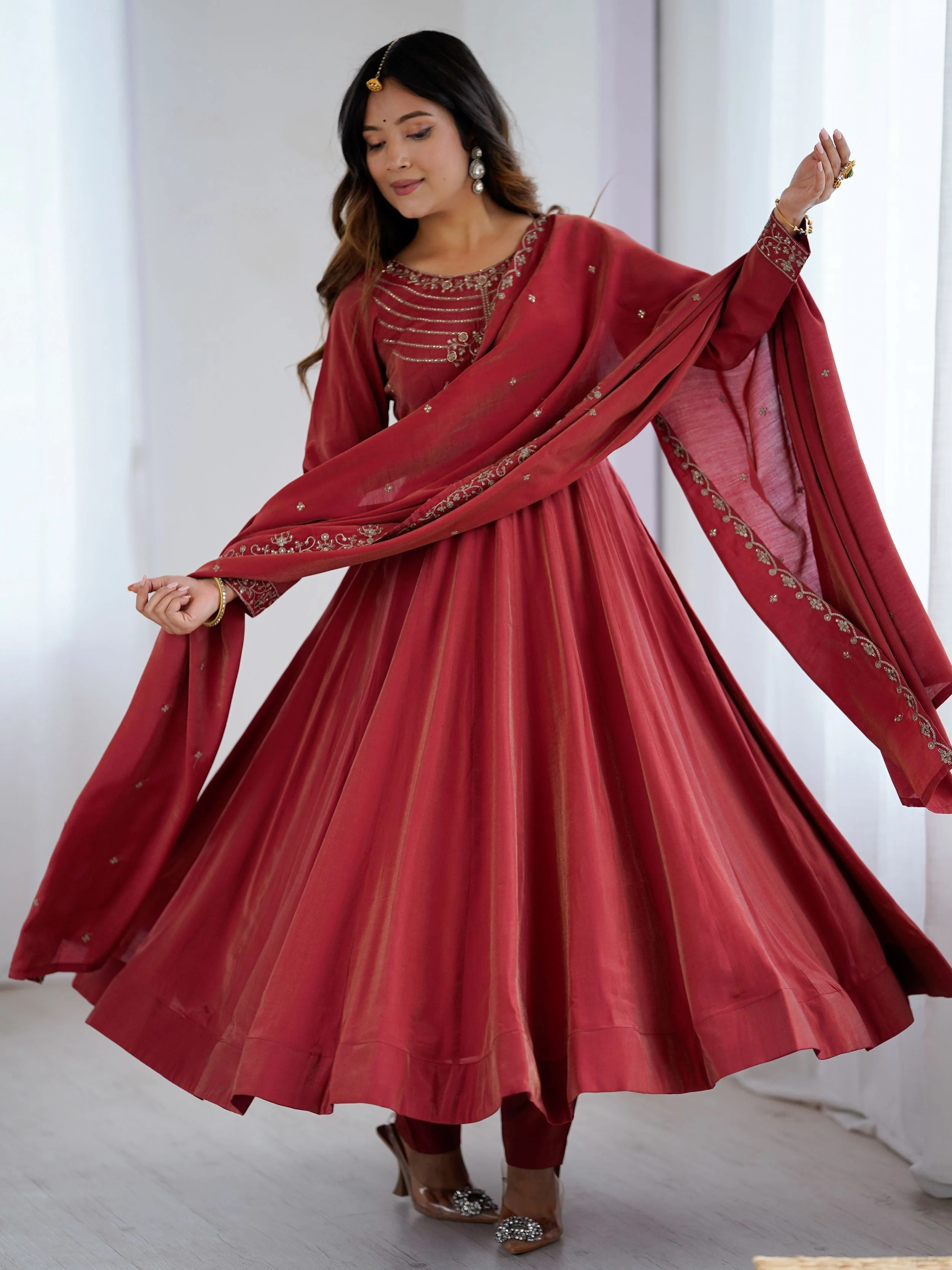Maroon Roman Shimmer Chanderi Silk Beads Zari Embroidery Anarkali Suit Set - Image 5