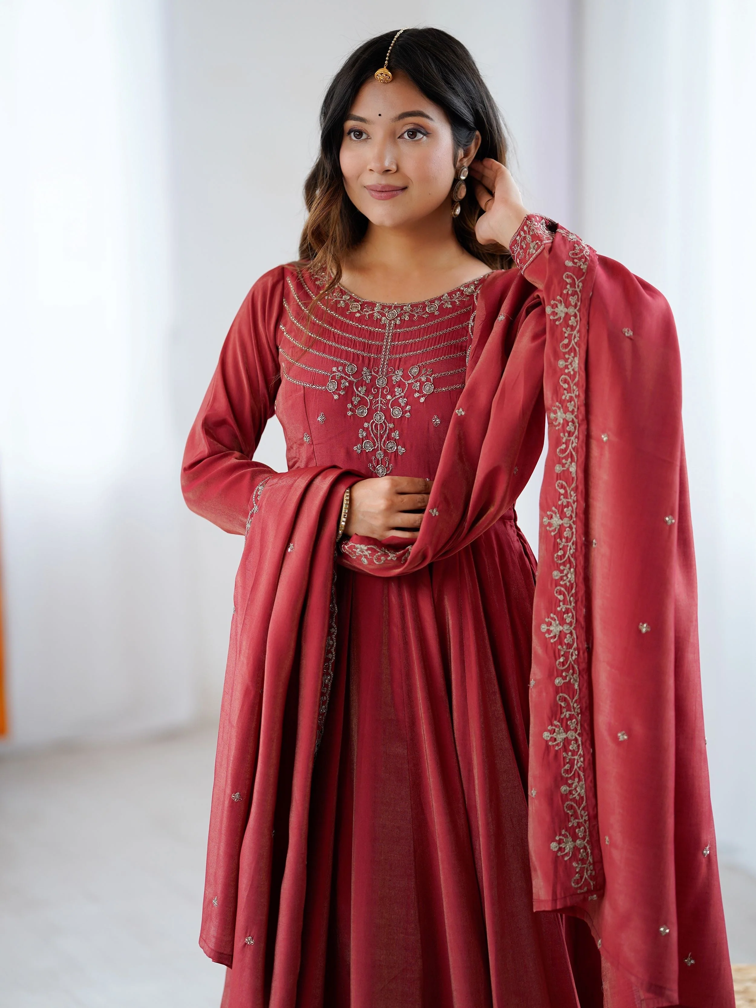 Maroon Roman Shimmer Chanderi Silk Beads Zari Embroidery Anarkali Suit Set - Image 7