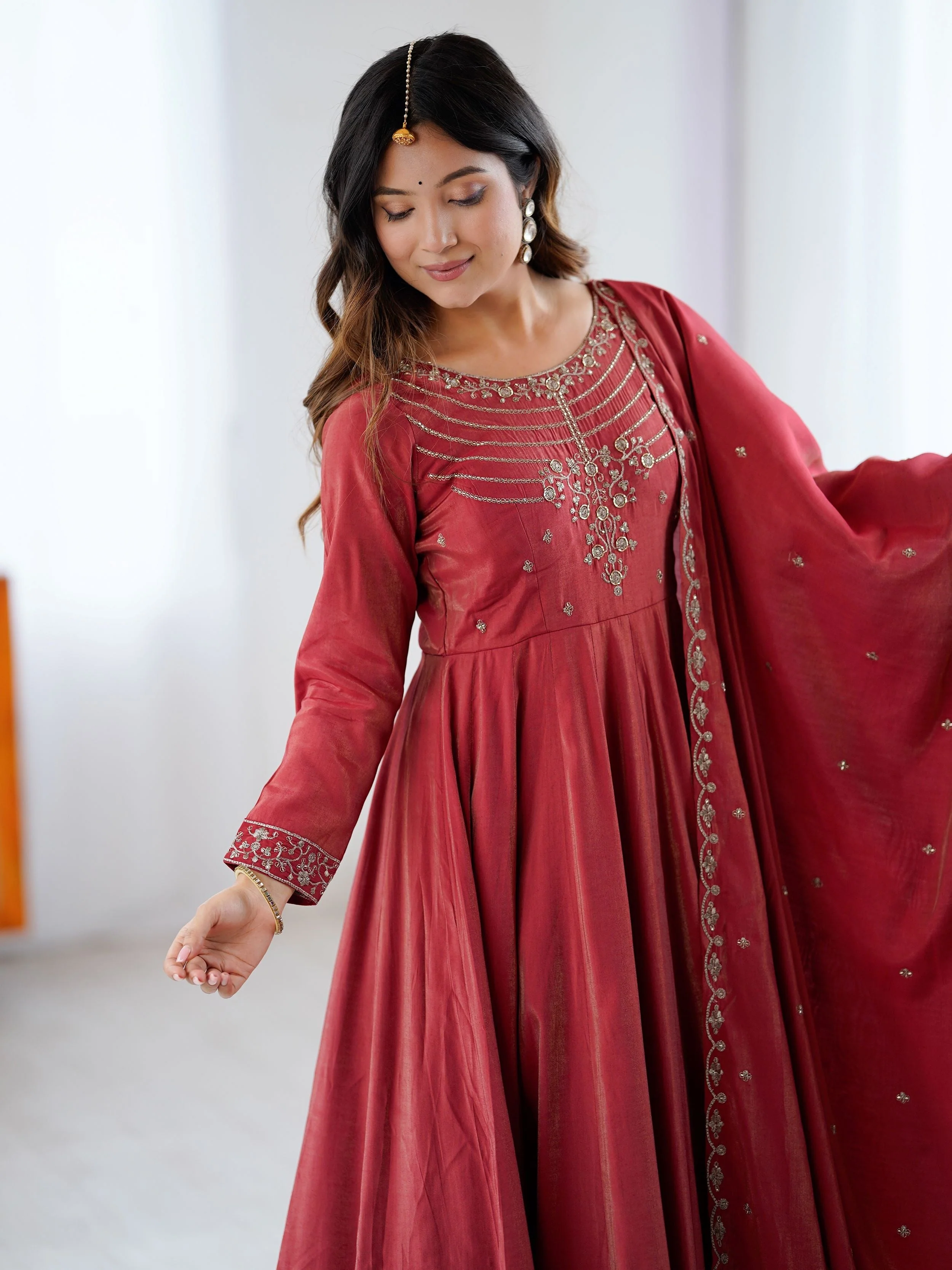Maroon Roman Shimmer Chanderi Silk Beads Zari Embroidery Anarkali Suit Set - Image 9