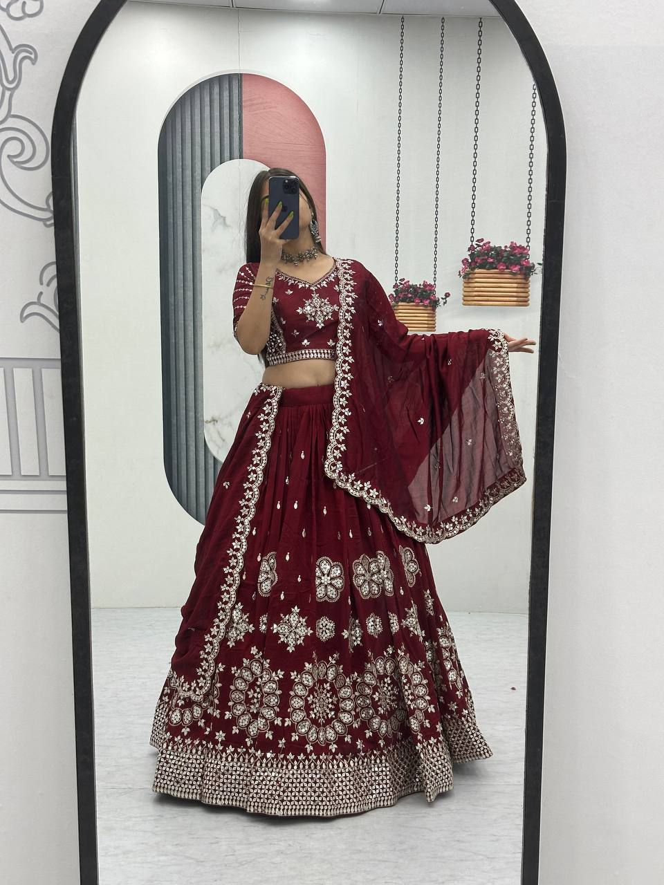 Maroon Vichitra Silk Embroidered Lehenga Choli with Dupatta For Women - Image 2